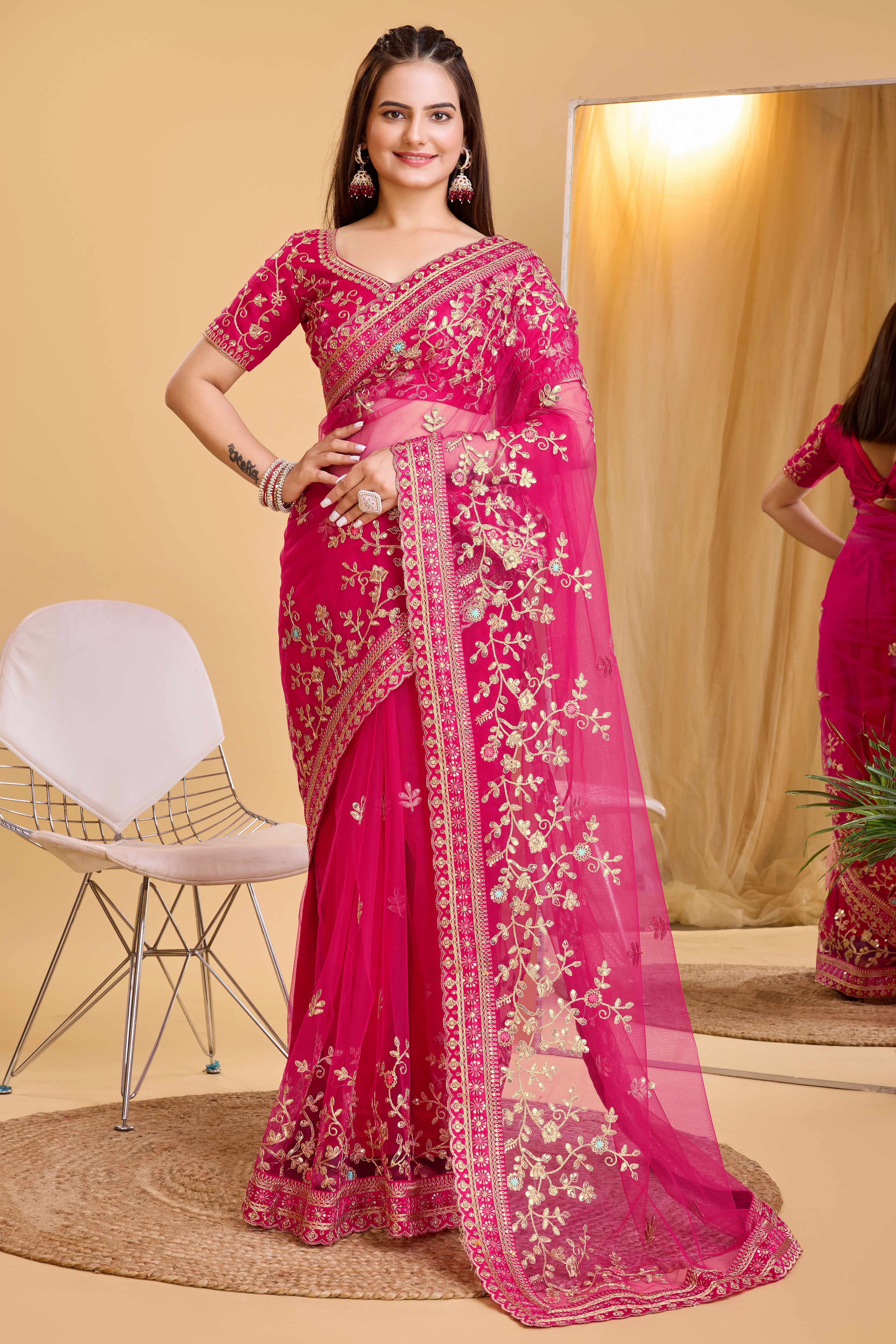 Rani Pink Soft Net Saree With Delicate Floral Embroidery & Shimmering Sequins Work