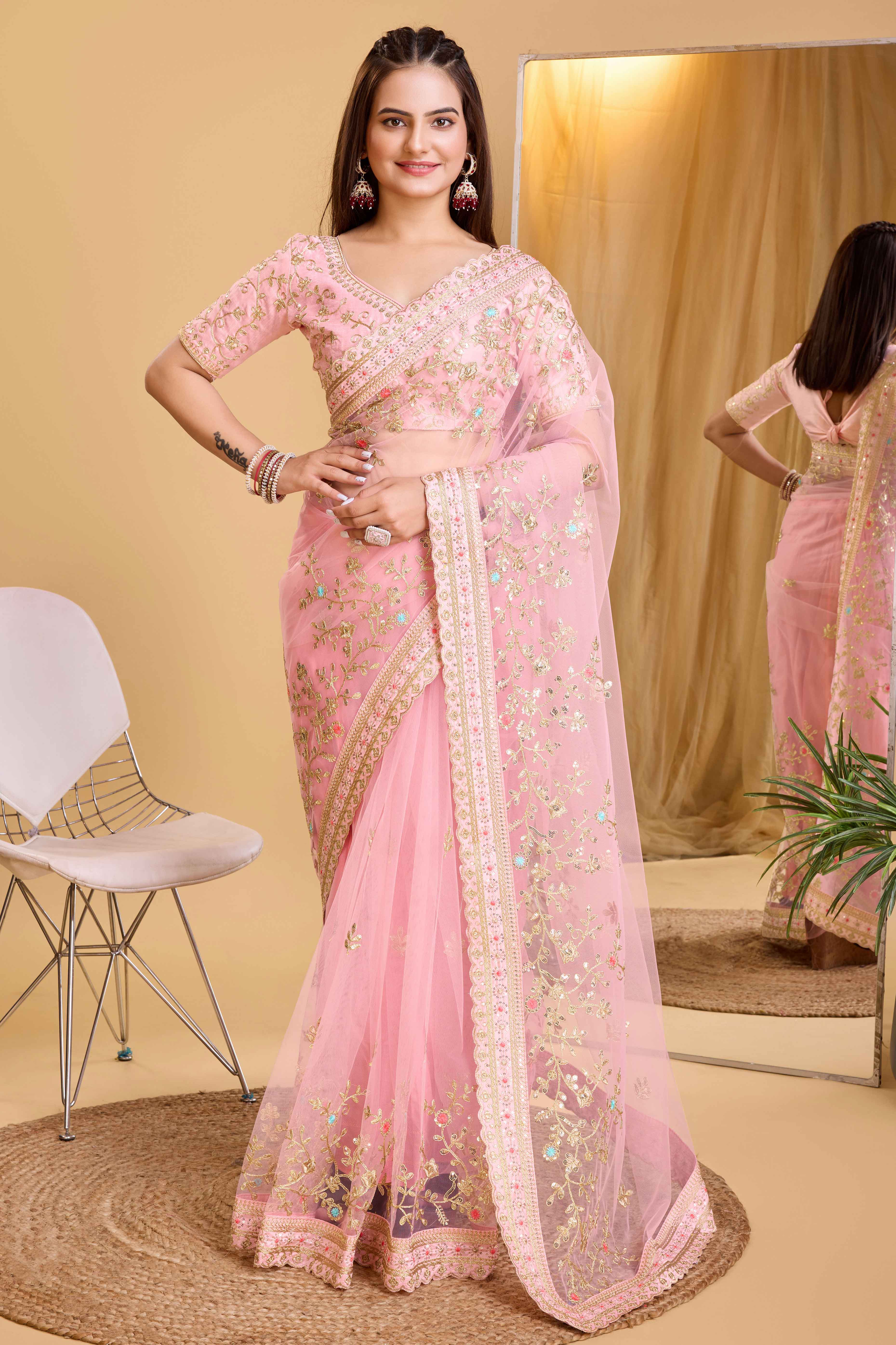 Baby Pink Soft Net Saree With Delicate Floral Embroidery & Shimmering Sequins Work