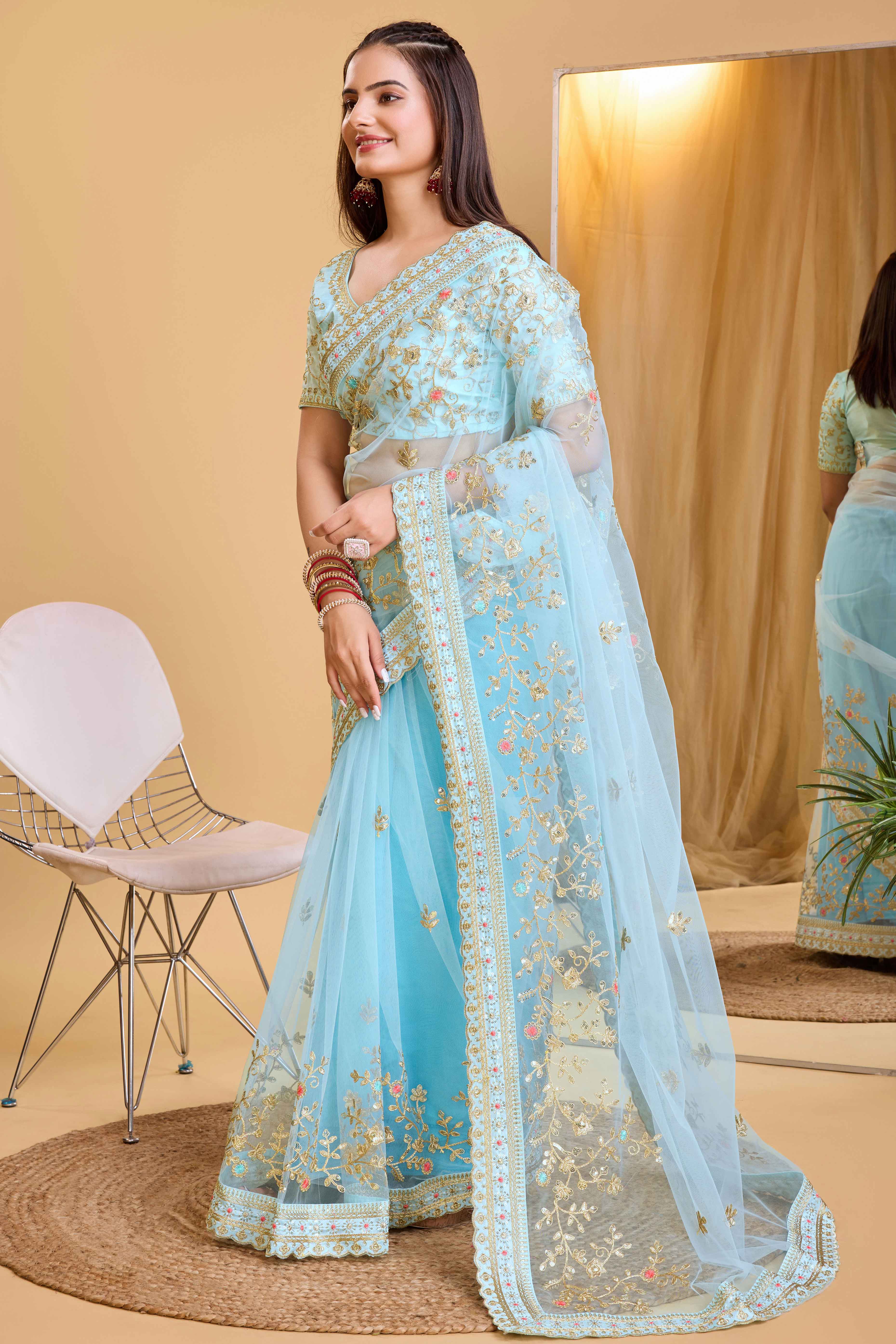 Blue Soft Net Saree With Delicate Floral Embroidery & Shimmering Sequins Work