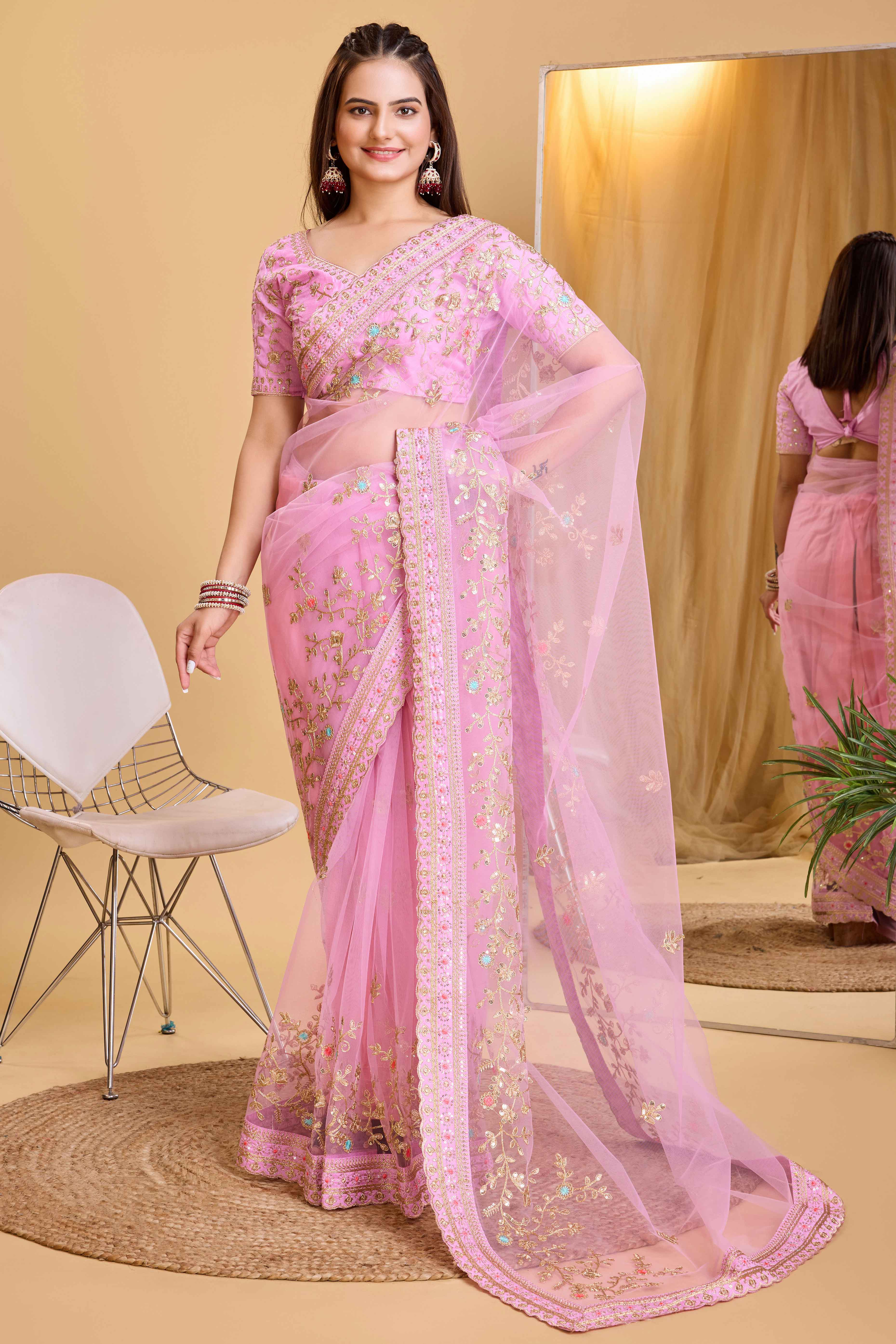 Pink Soft Net Saree With Delicate Floral Embroidery & Shimmering Sequins Work