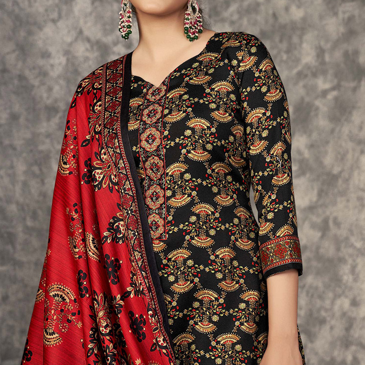Black Printed With Embroidered Pashmina Suit
