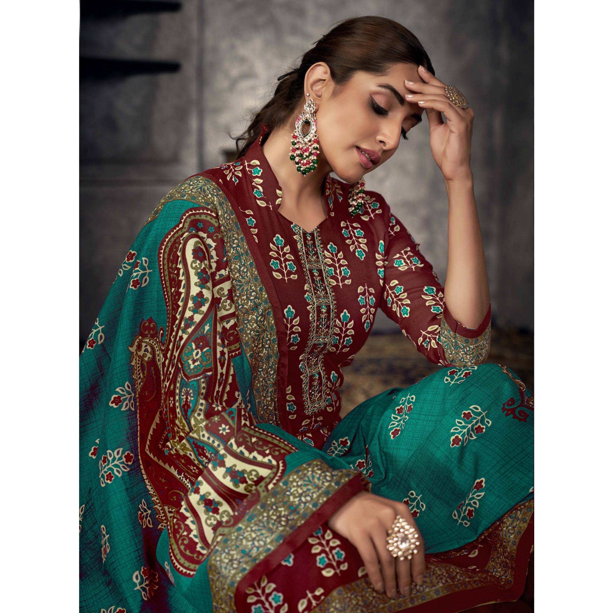 Burgundy Printed With Embroidered Pashmina Suit