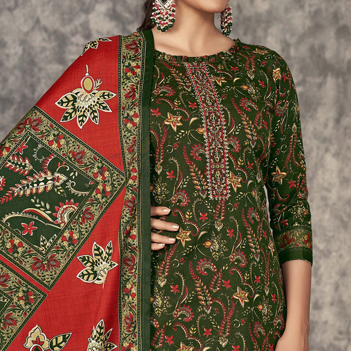 Green Printed With Embroidered Pashmina Suit