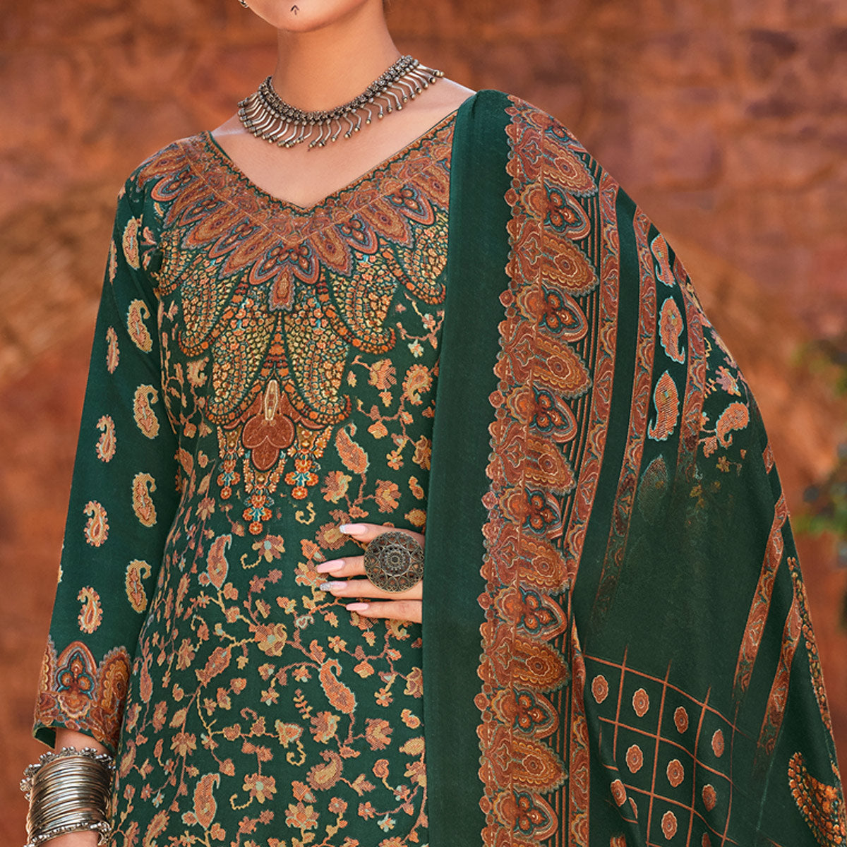 Green Floral Digital Printed Pashmina Salwar Suit