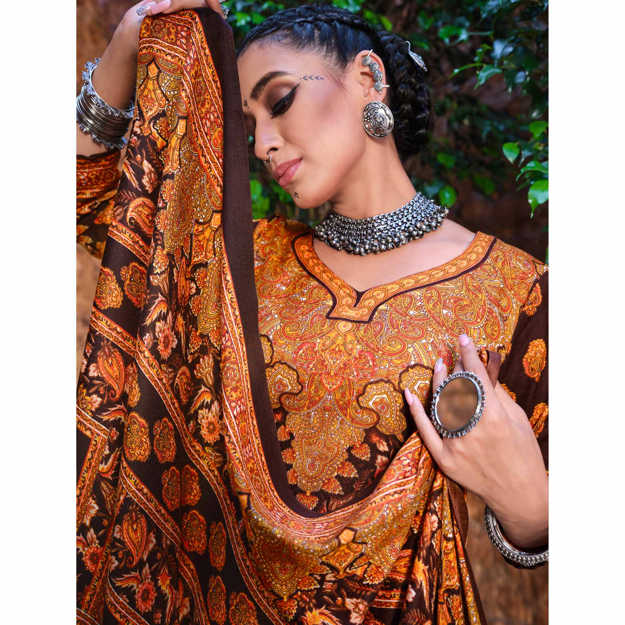 Brown Floral Digital Printed Pashmina Salwar Suit