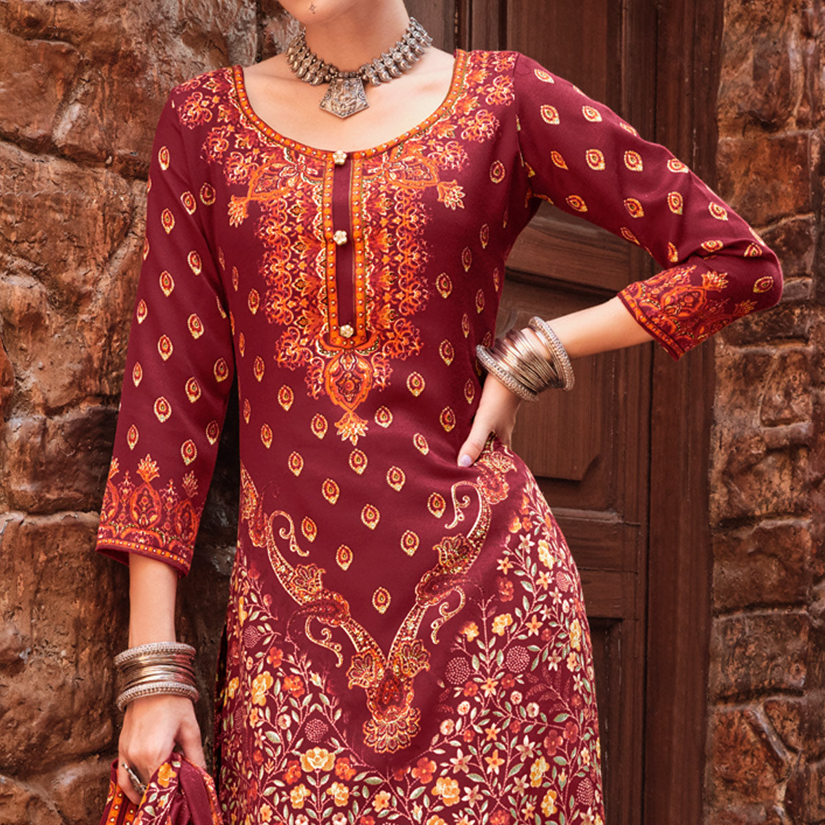 Maroon Floral Digital Printed Pashmina Salwar Suit