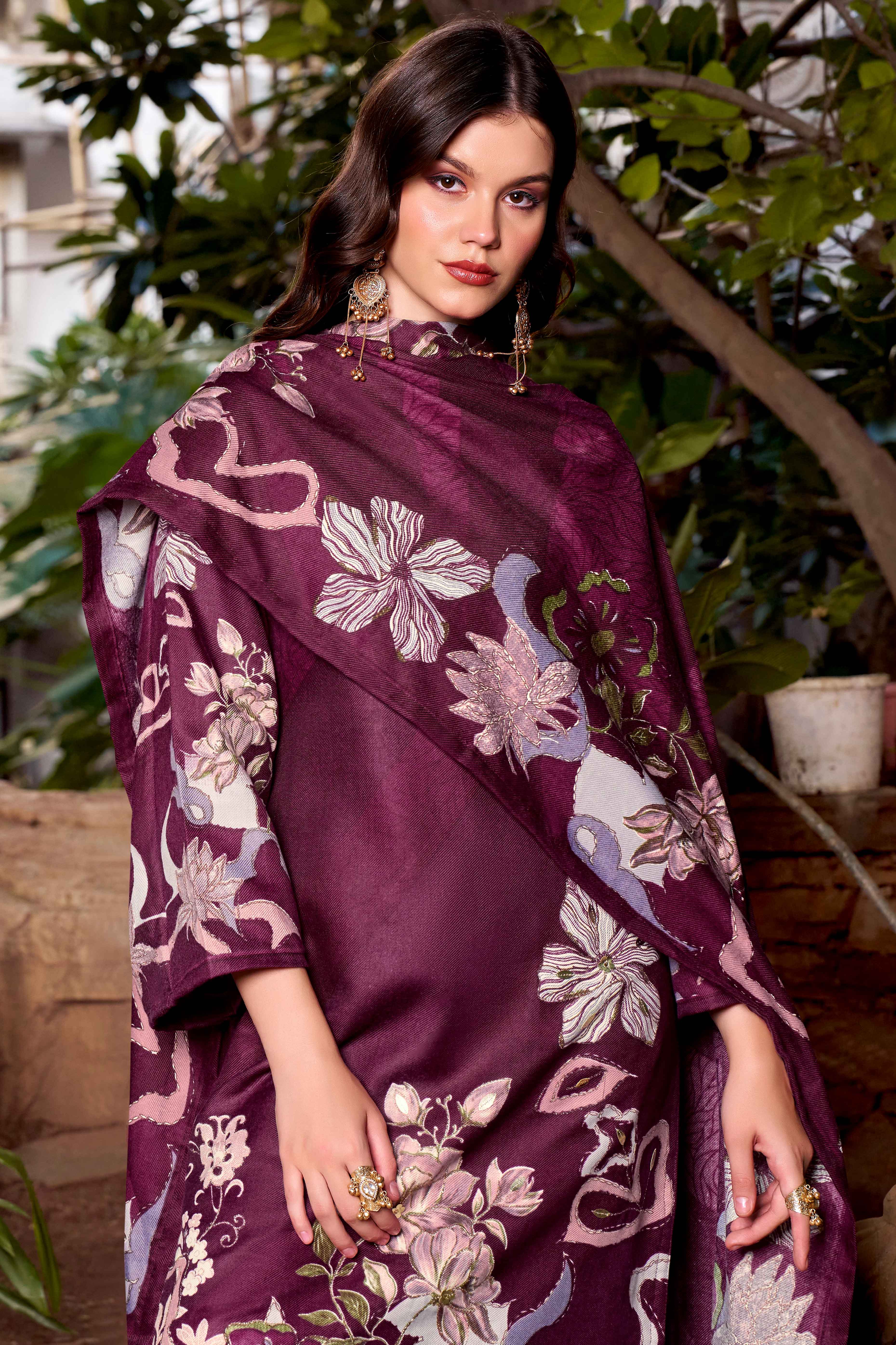 Purple Elegant Floral Printed Pure Pashmina Dress Material for Winter Wear