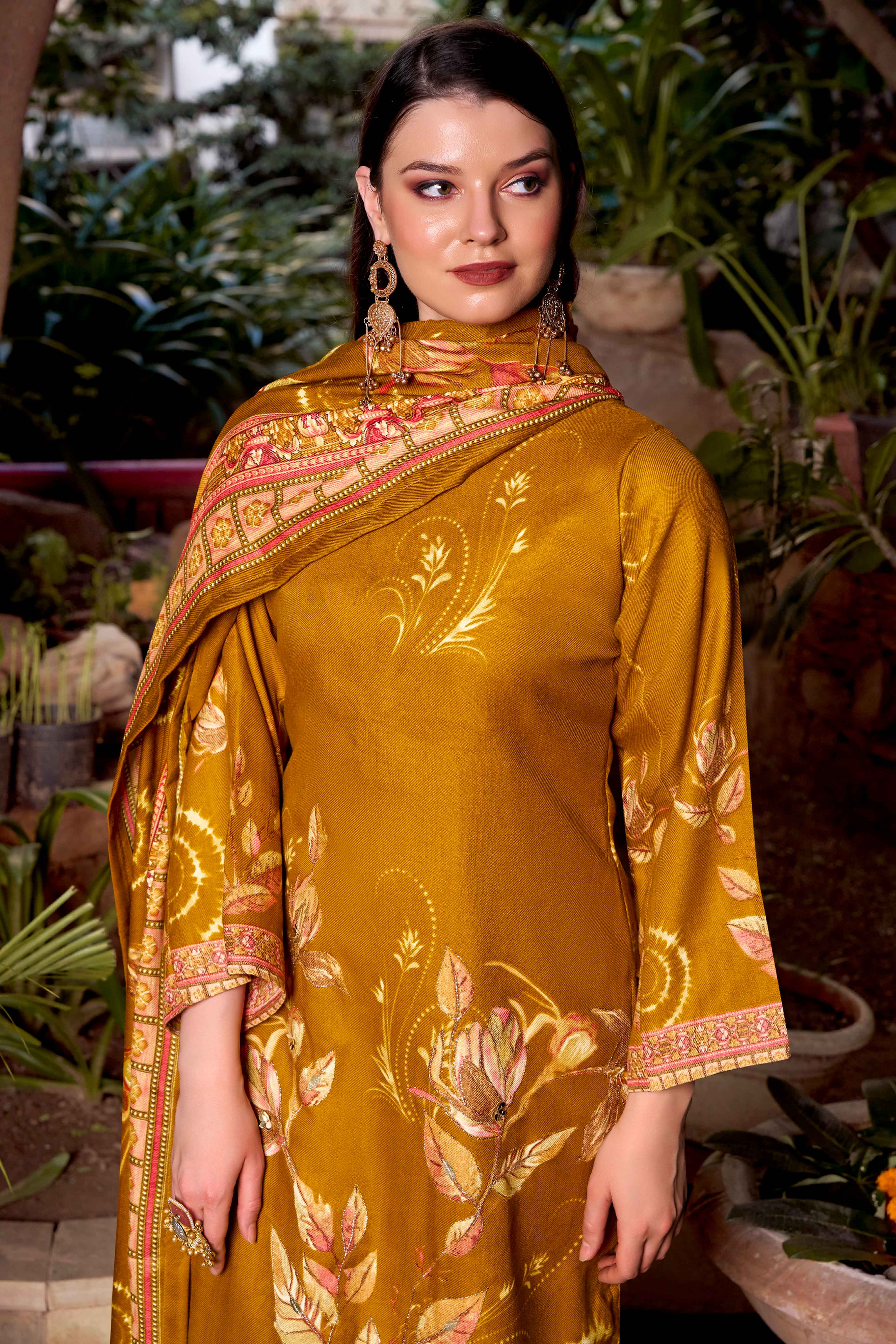 Mustard Elegant Floral Printed Pure Pashmina Dress Material for Winter Wear
