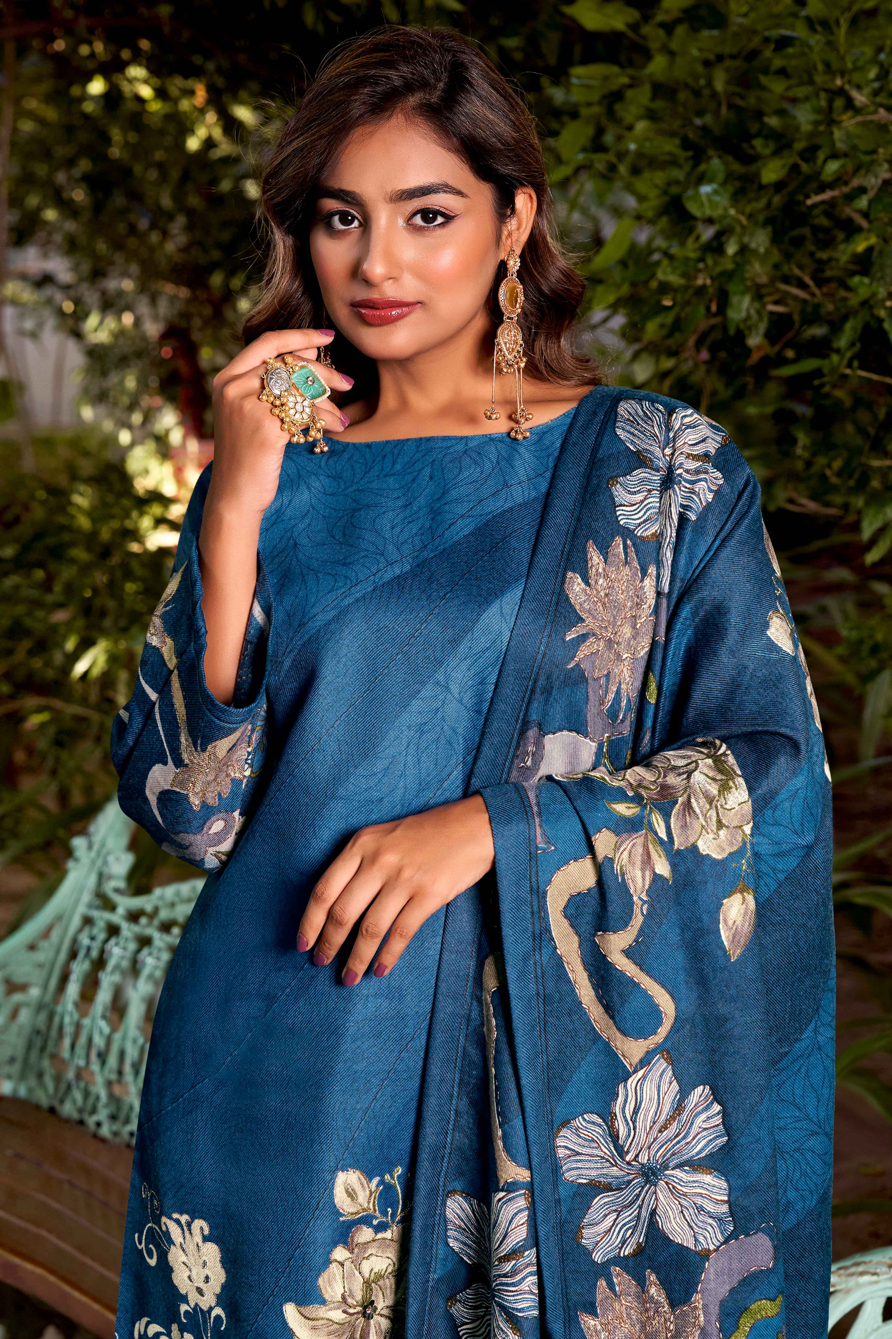 Blue Elegant Floral Printed Pure Pashmina Dress Material for Winter Wear