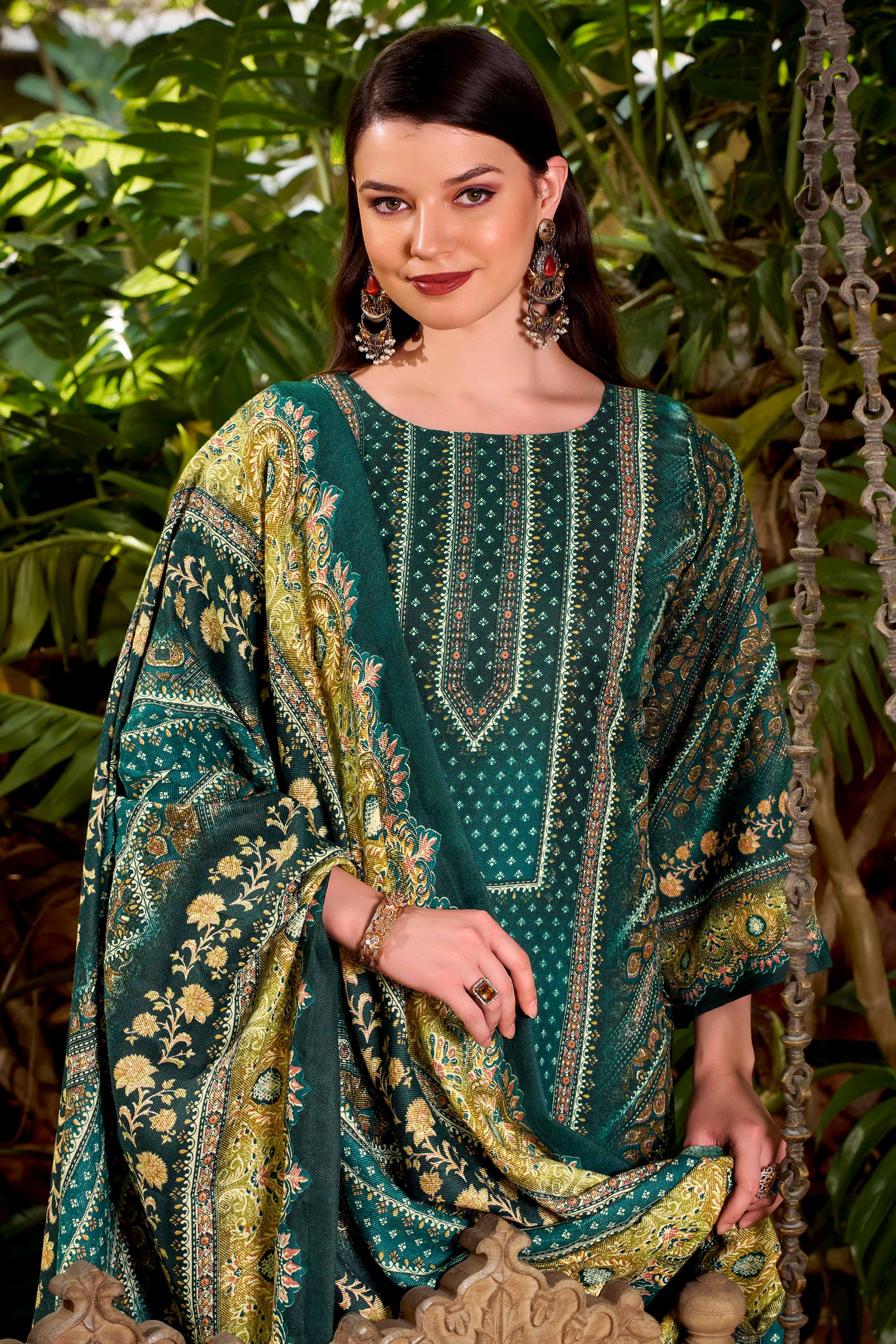 Designed Teal Green Pure Pashmina Wool Fabric with Floral Prints for Timeless Appeal