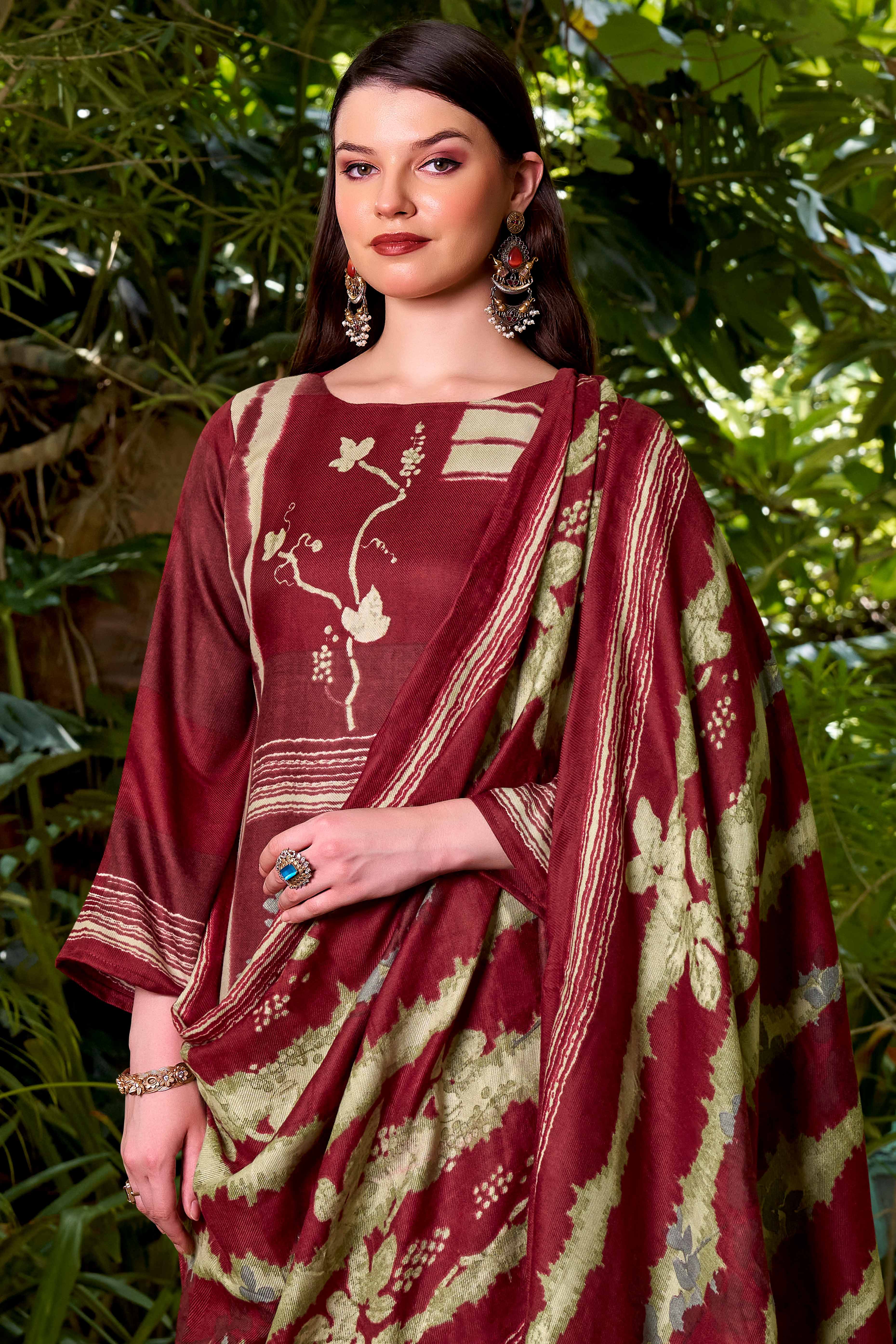 Designed Maroon Pure Pashmina Wool Fabric with Floral Prints for Timeless Appeal