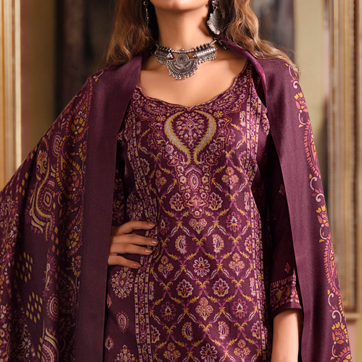 Wine Digital Printed Pashmina Woolen Suit