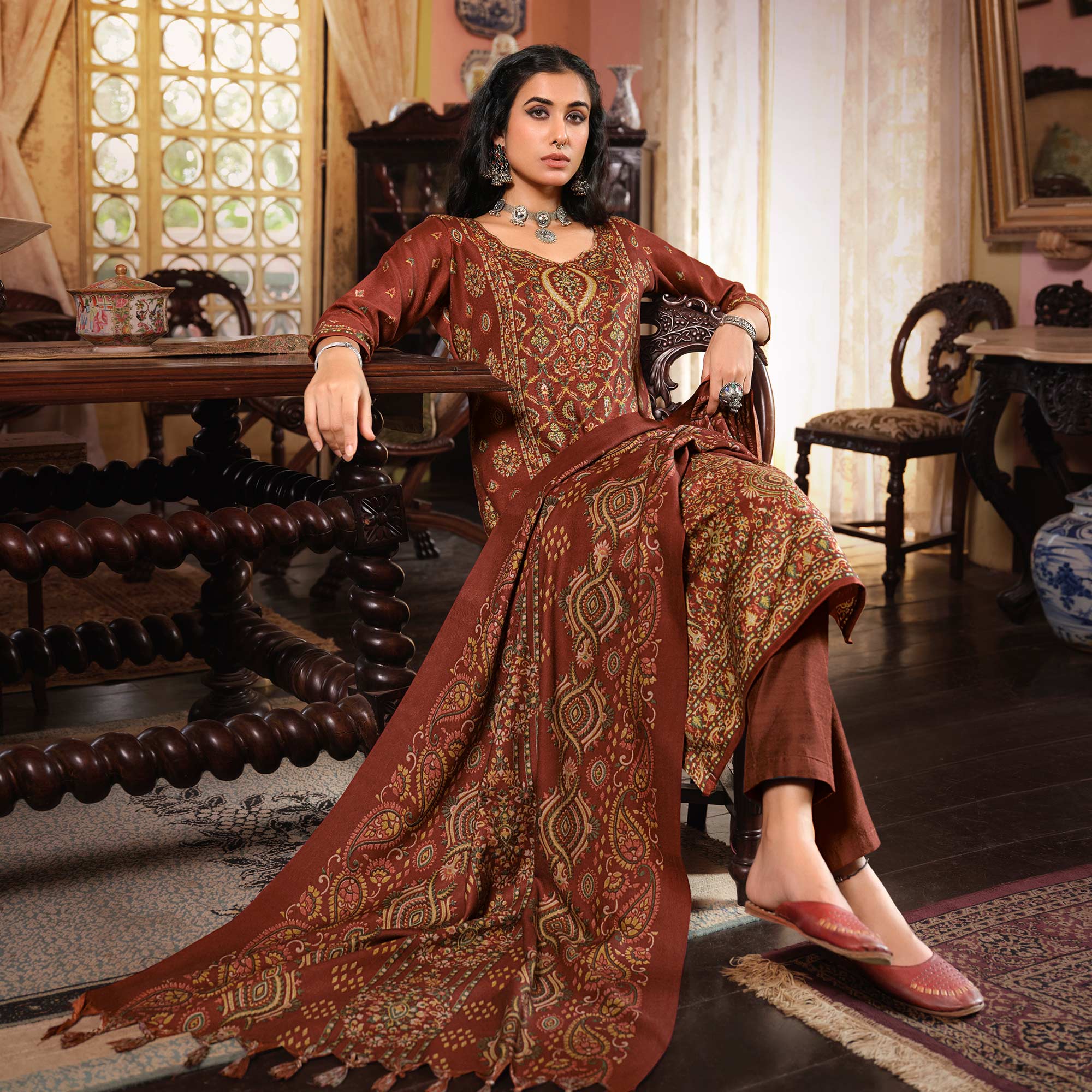 Rust Digital Printed Pashmina Woolen Suit