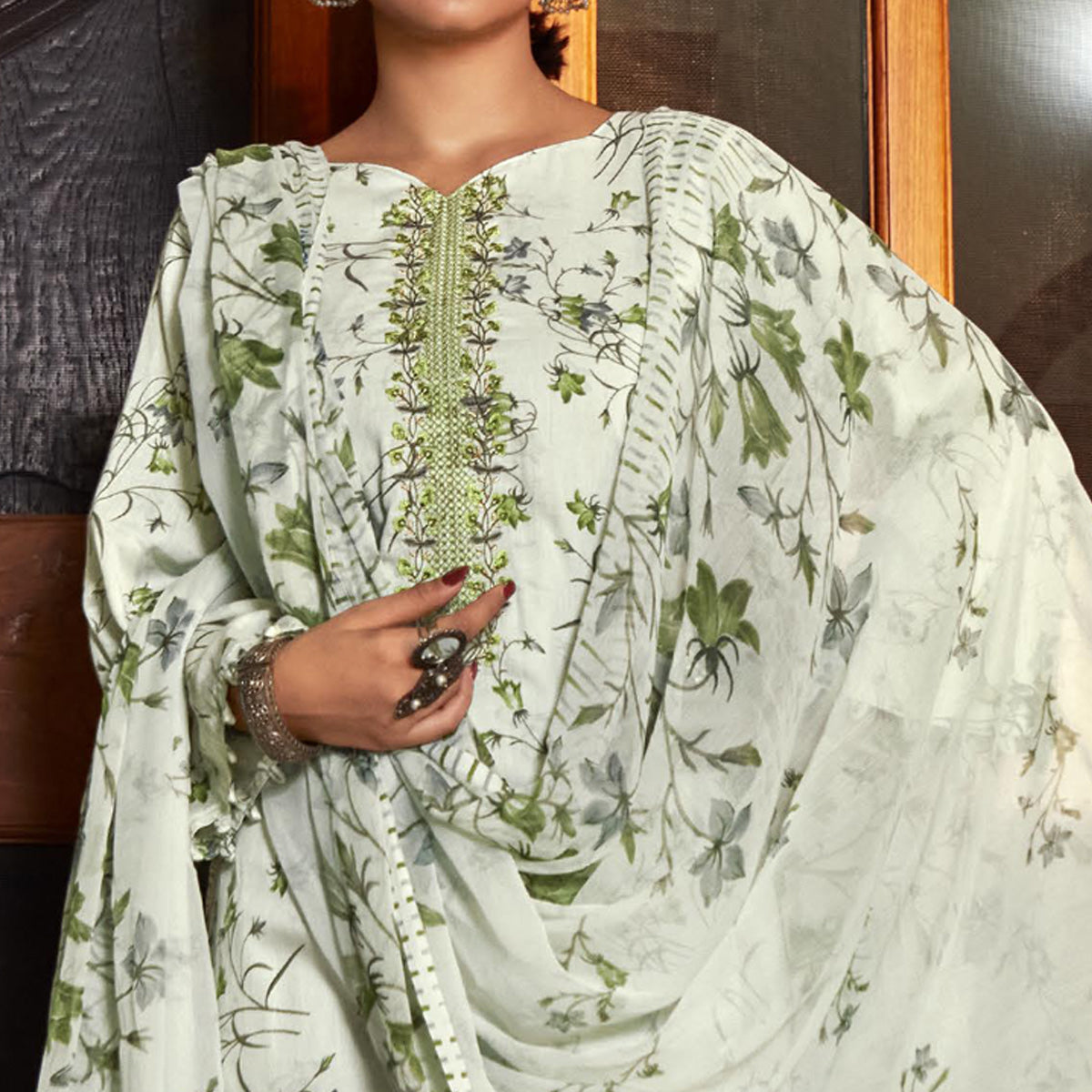 Green Printed With Embroidered Pure Cotton Suit