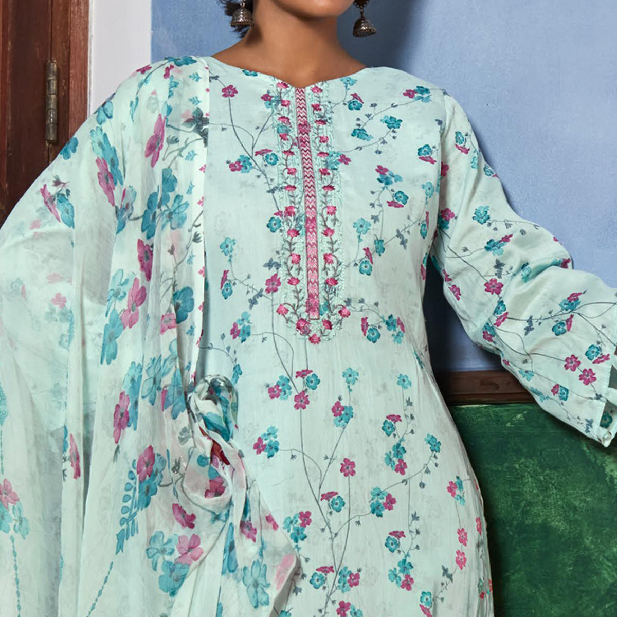 Turquoise Printed With Embroidered Pure Cotton Suit