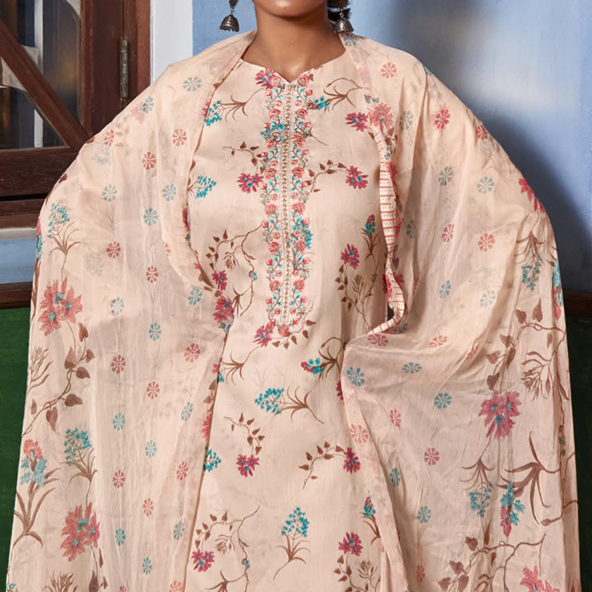 Peach Printed With Embroidered Pure Cotton Suit