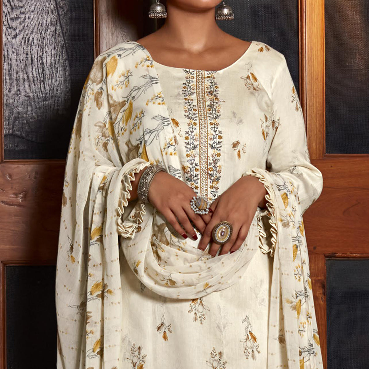 Cream Printed With Embroidered Pure Cotton Suit