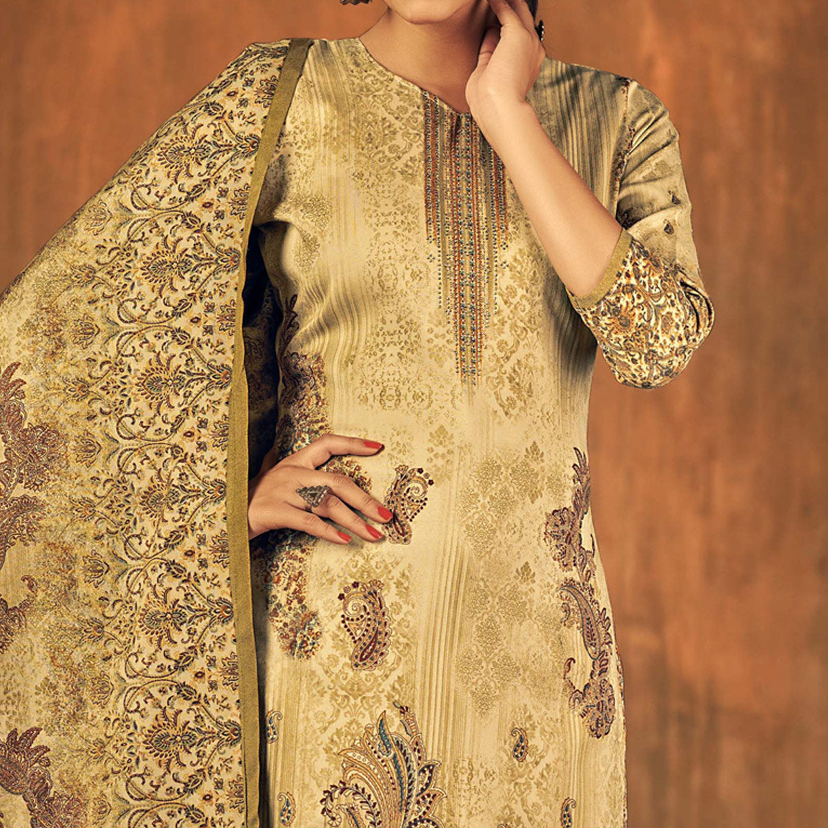 Chikoo Printed With Swarovski Work Pashmina Salwar Suit