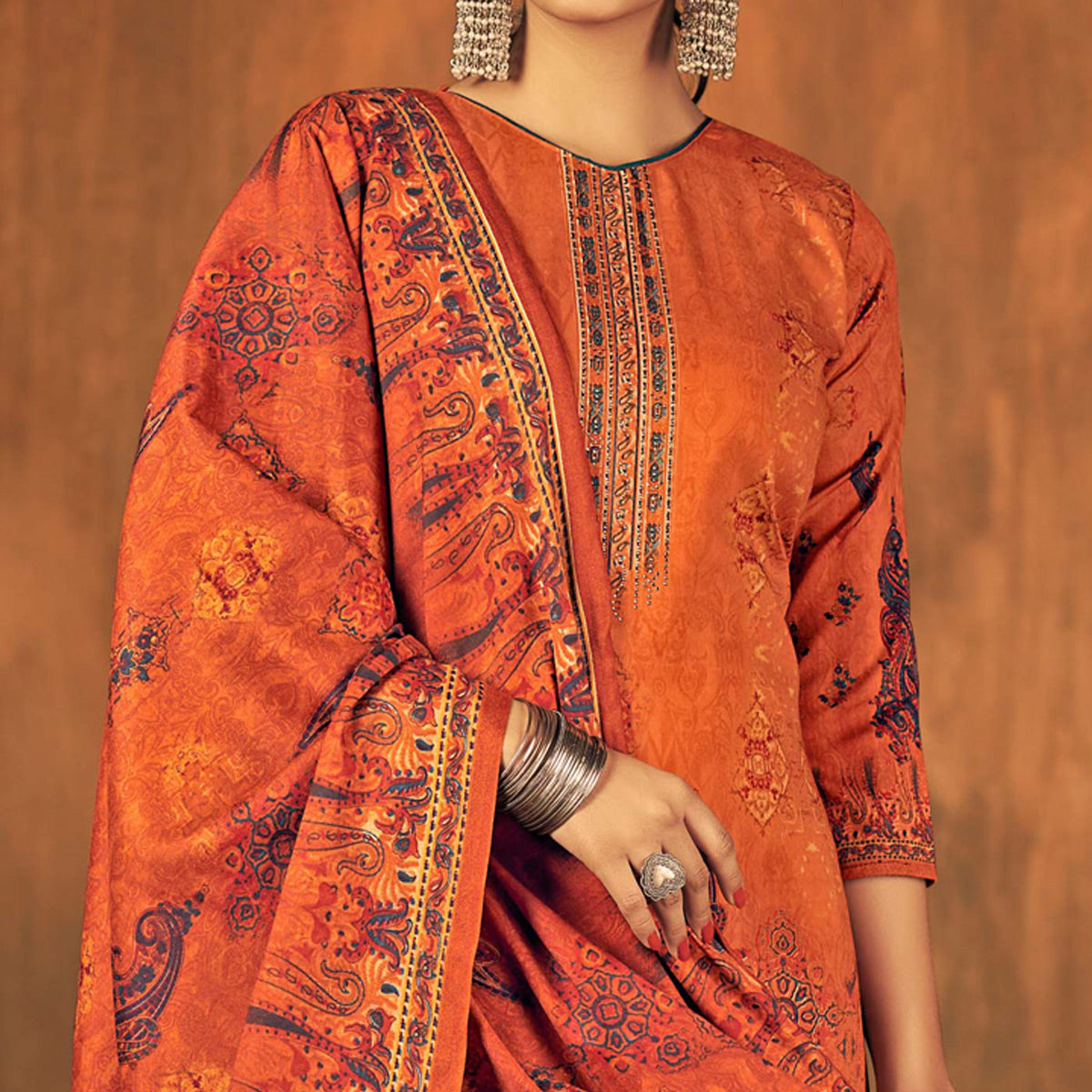 Orange Printed With Swarovski Work Pashmina Salwar Suit