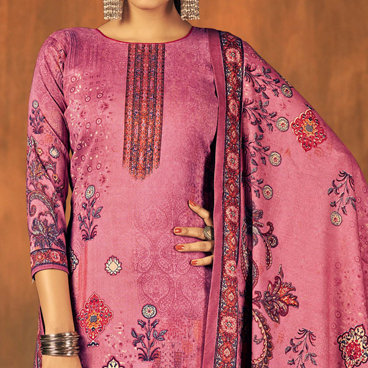 Pink Printed With Swarovski Work Pashmina Salwar Suit