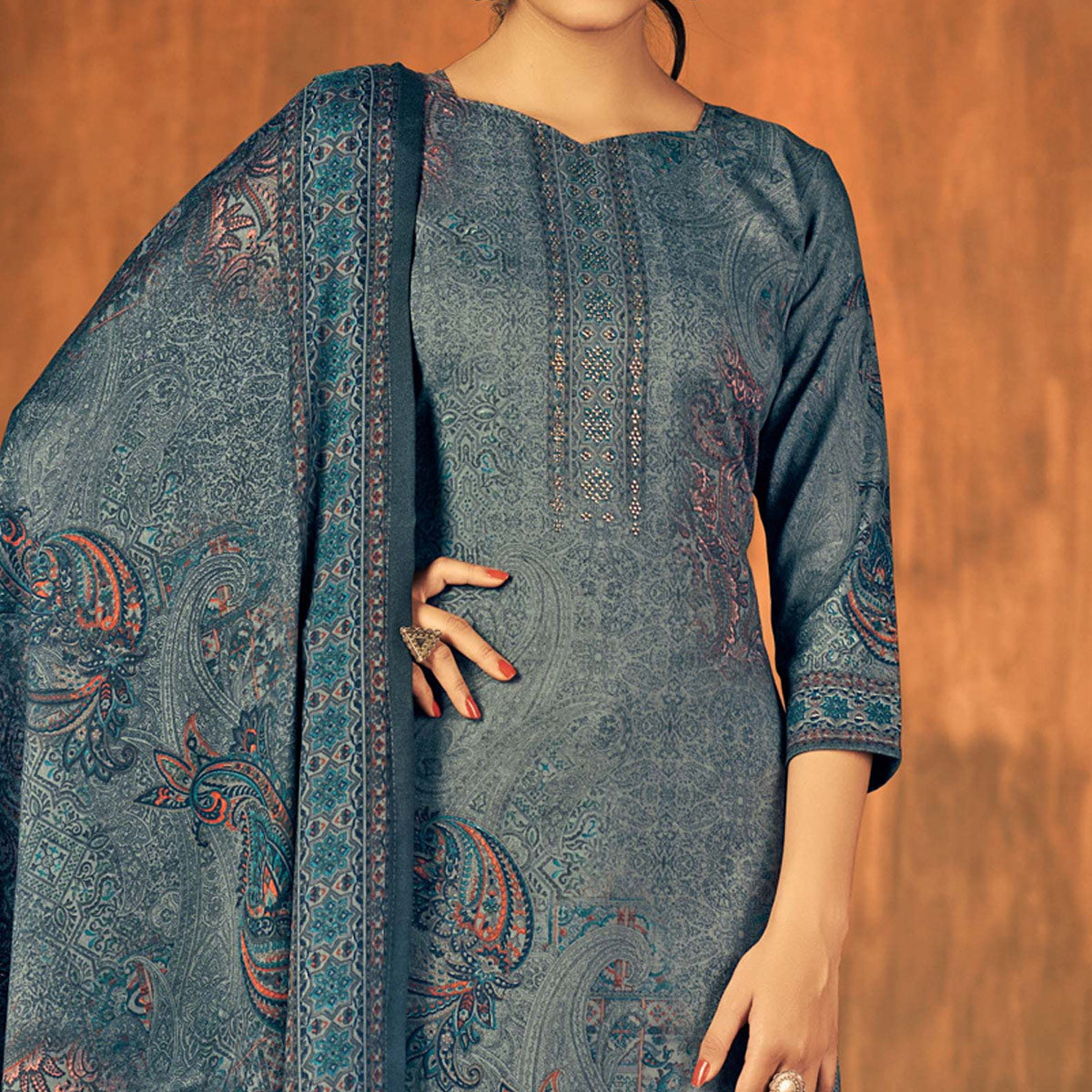 Grey Printed With Swarovski Work Pashmina Salwar Suit