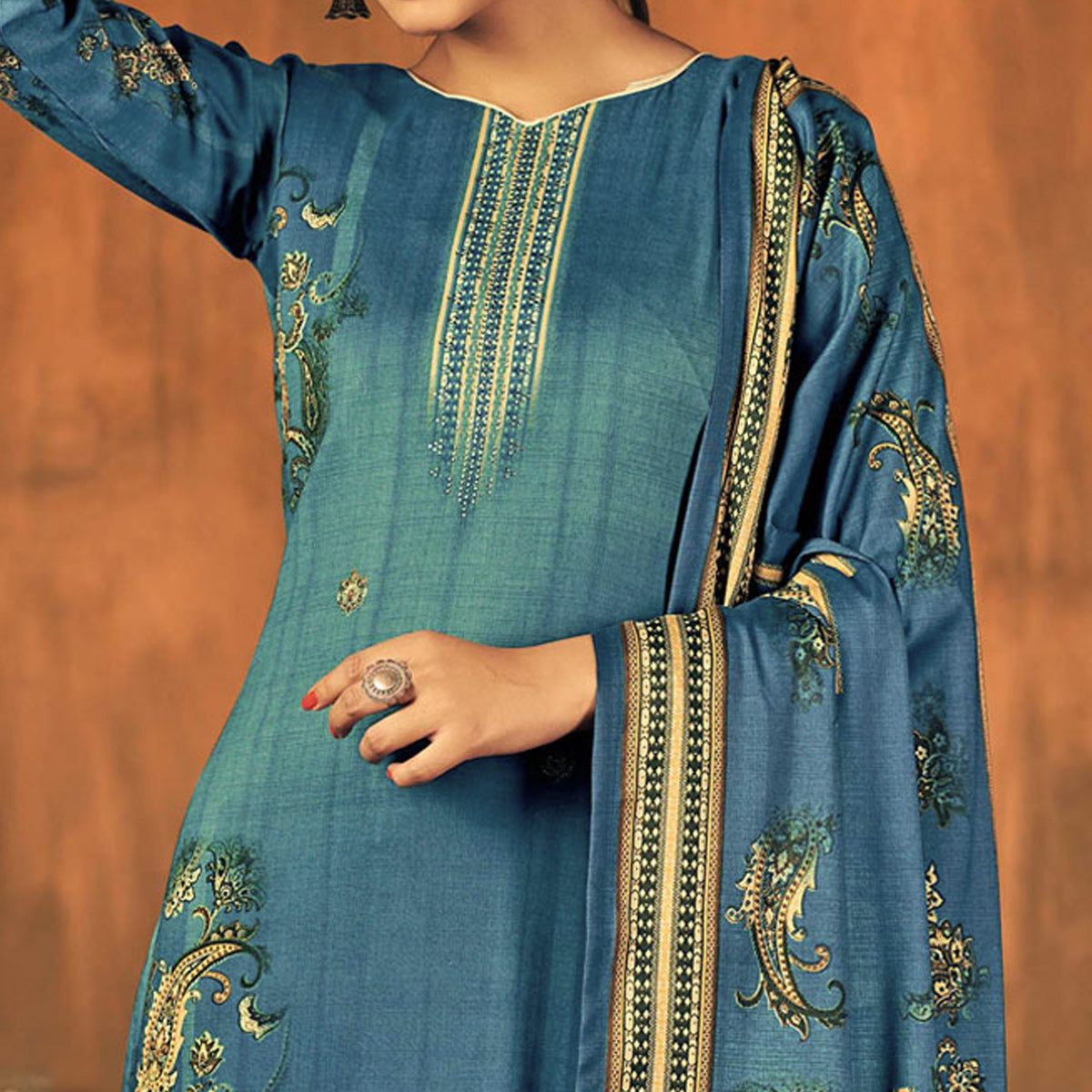 Blue Printed With Swarovski Work Pashmina Salwar Suit