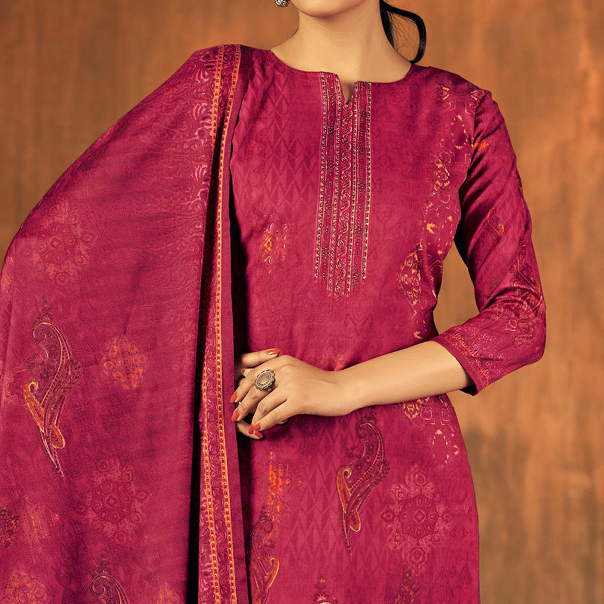 Magenta Printed With Swarovski Work Pashmina Salwar Suit