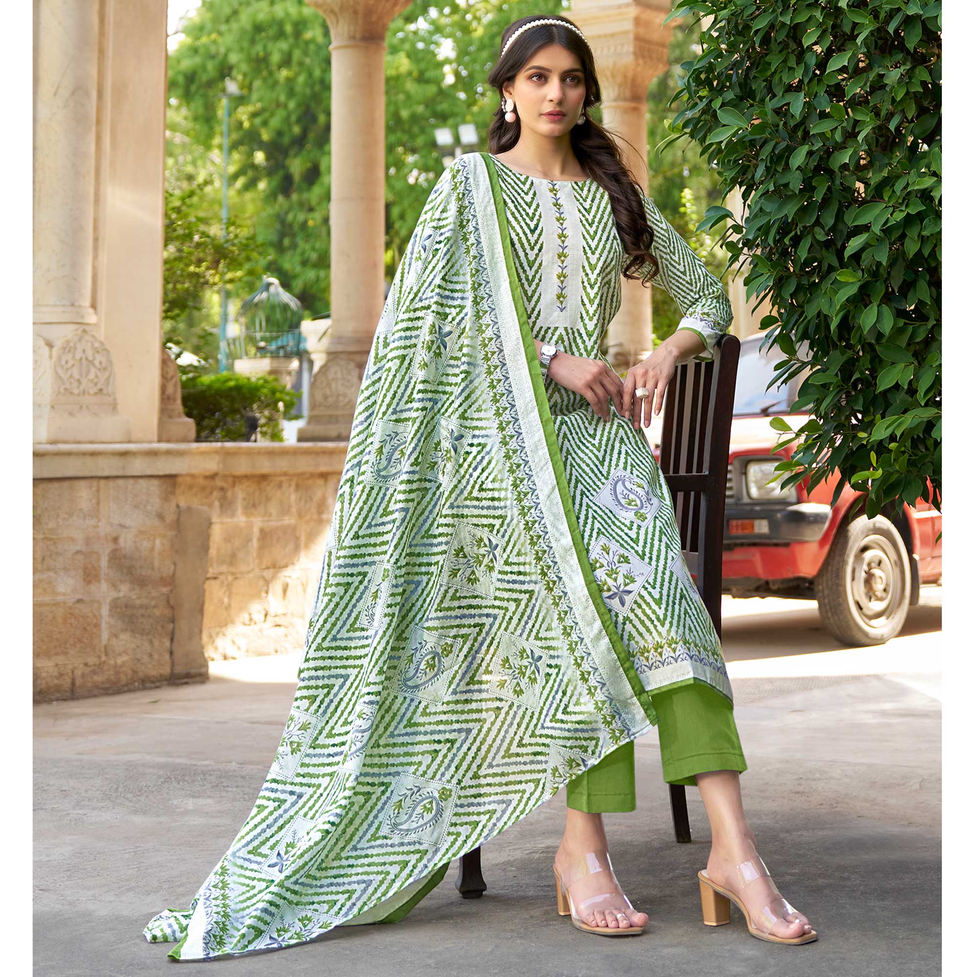 Green Printed Pure Cotton Dress Material