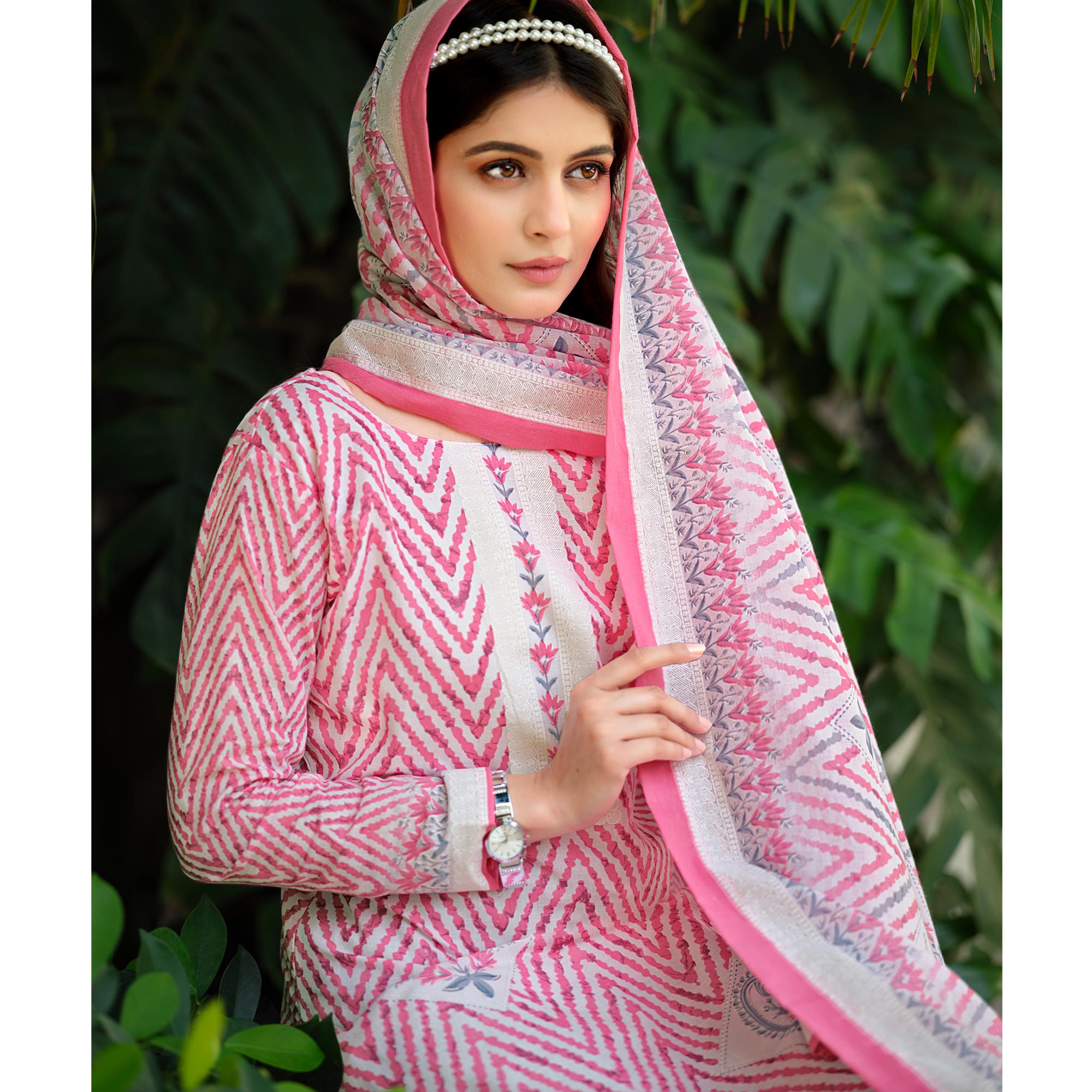 Pink Printed Pure Cotton Dress Material