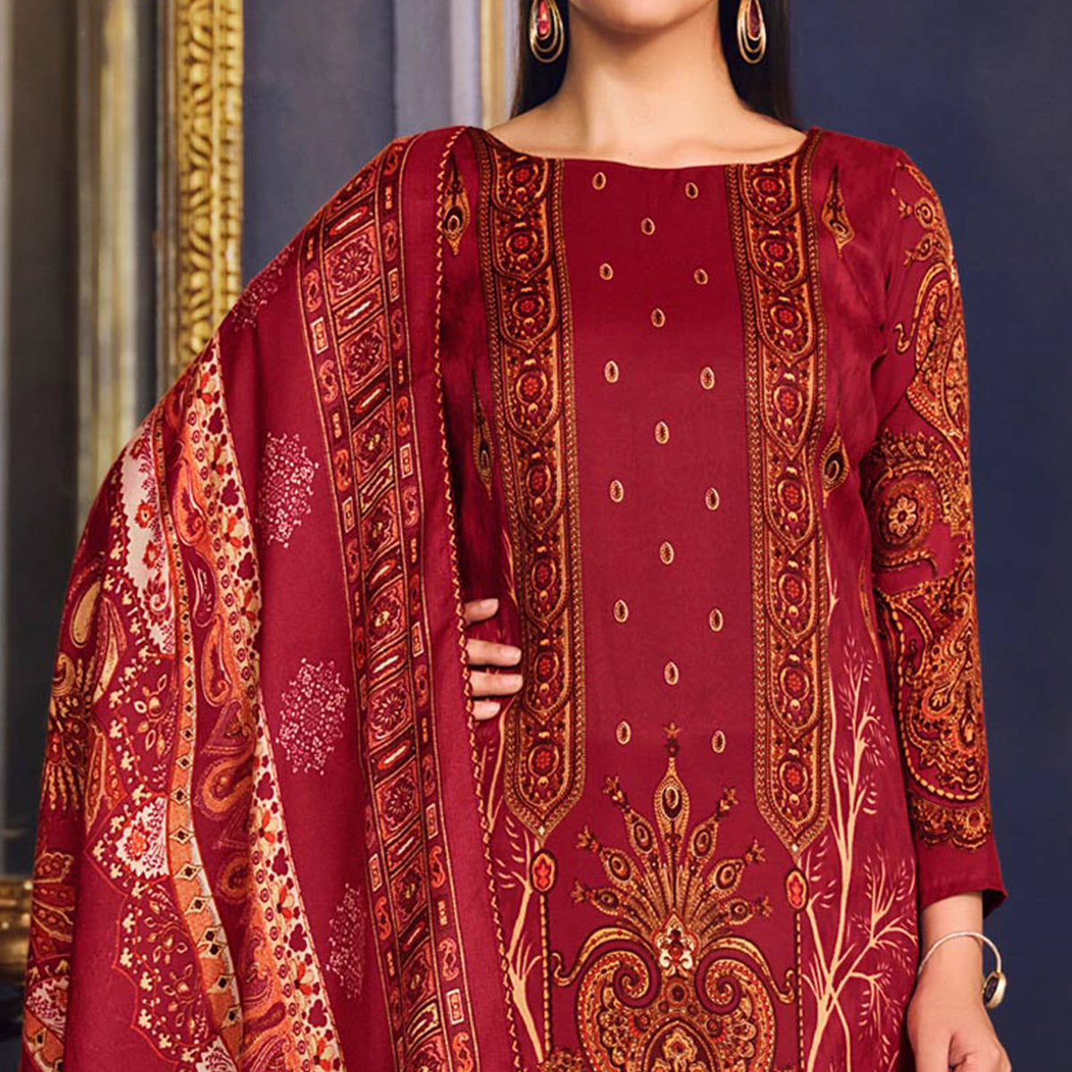 Red Digital Printed Pashmina Woolen Suit