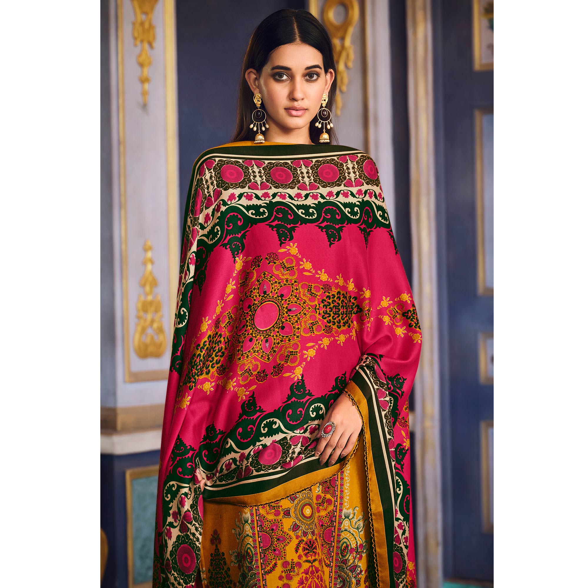 Yellow Digital Printed Pashmina Woolen Suit