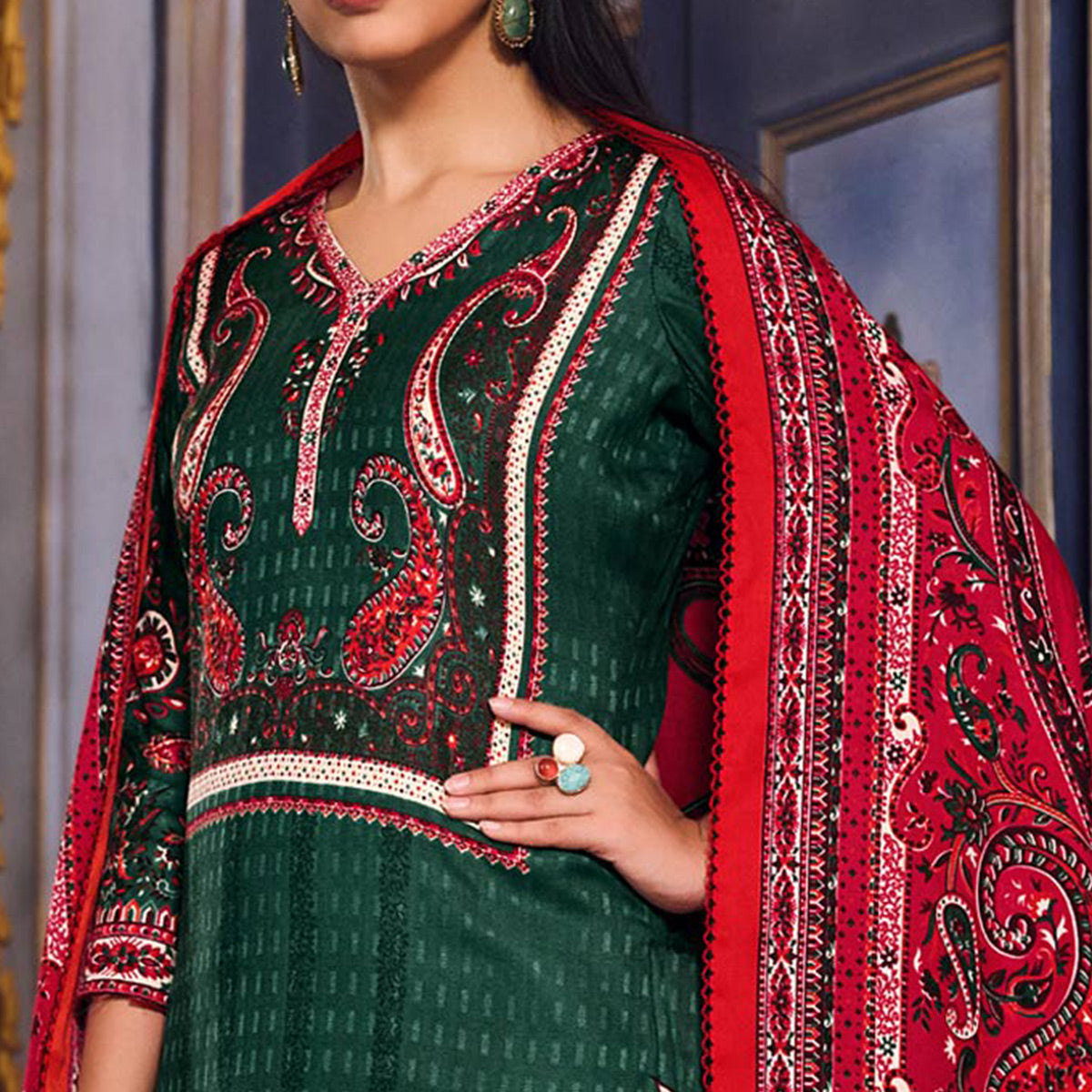 Green Digital Printed Pashmina Woolen Suit