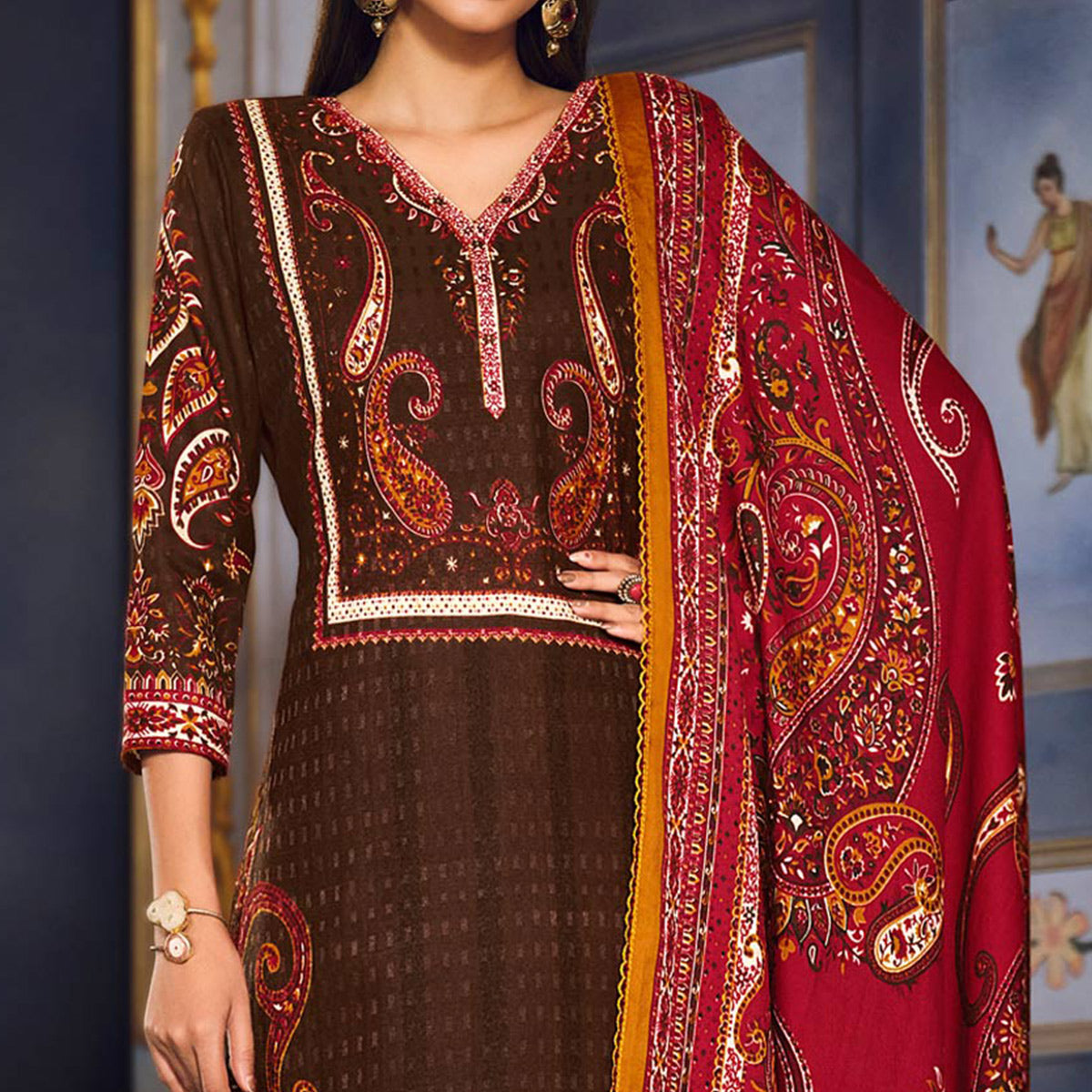 Brown Digital Printed Pashmina Woolen Suit