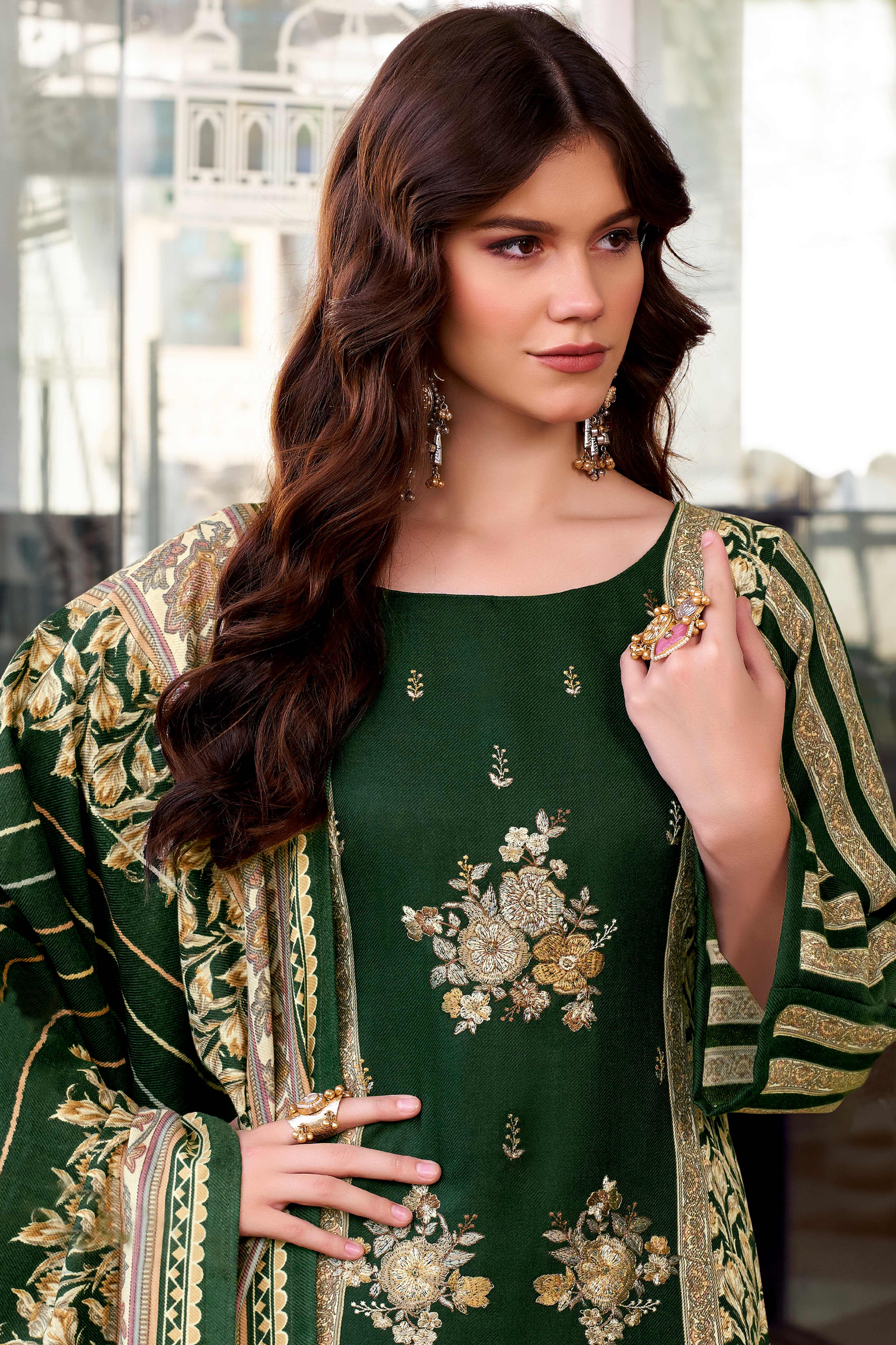 Green Floral Printed Pure Wool Pashmina Suit Material Ideal for Winter Fashion