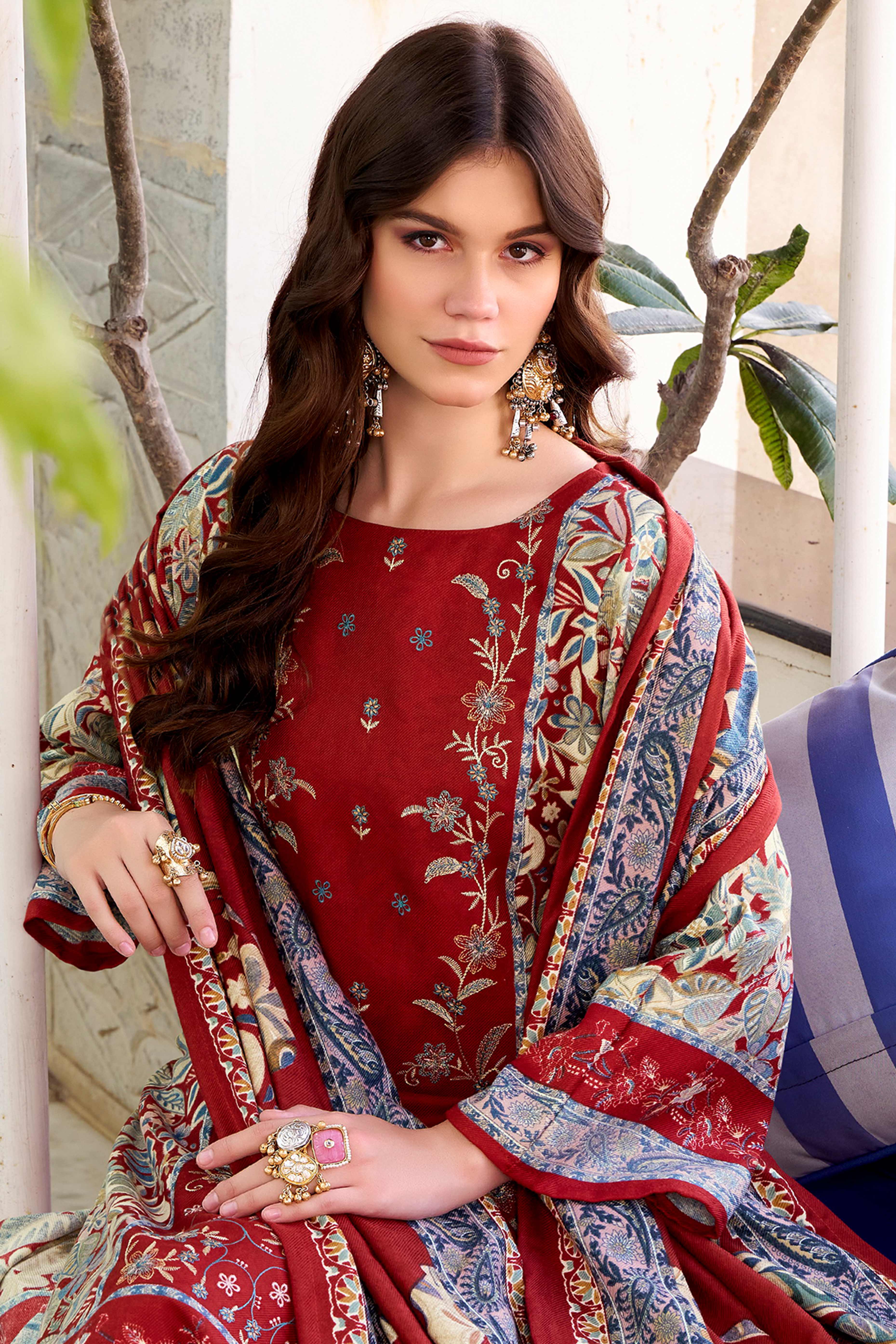 Red Floral Printed Pure Wool Pashmina Suit Material Ideal for Winter Fashion