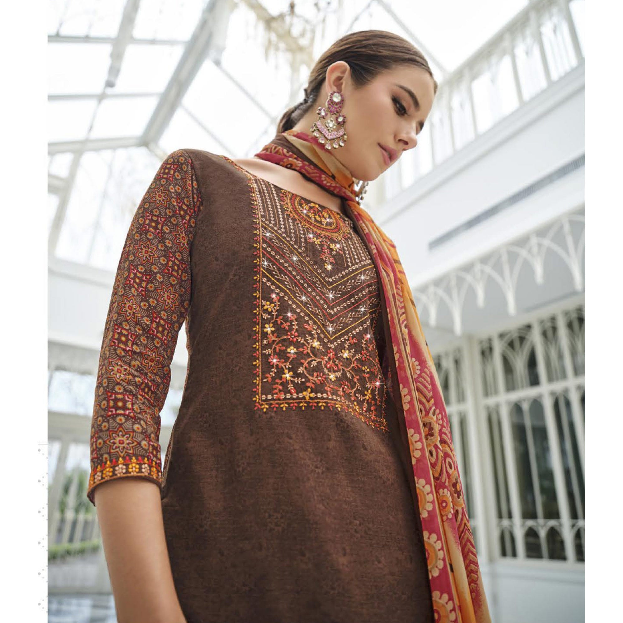 Brown Printed With Embroidered Rayon Suit