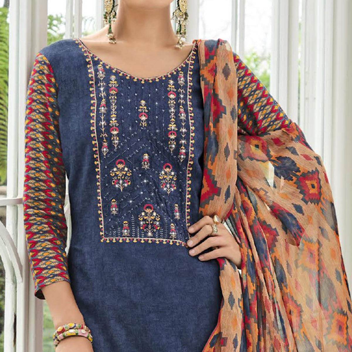 Blue Printed With Embroidered Rayon Suit