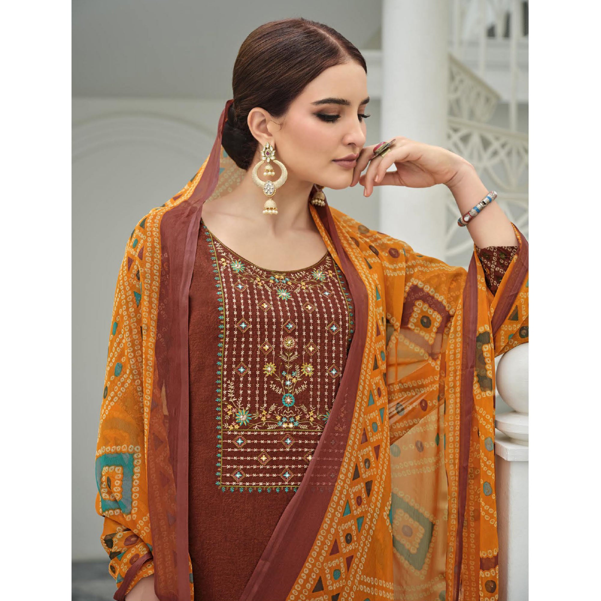 Rust Printed With Embroidered Rayon Suit