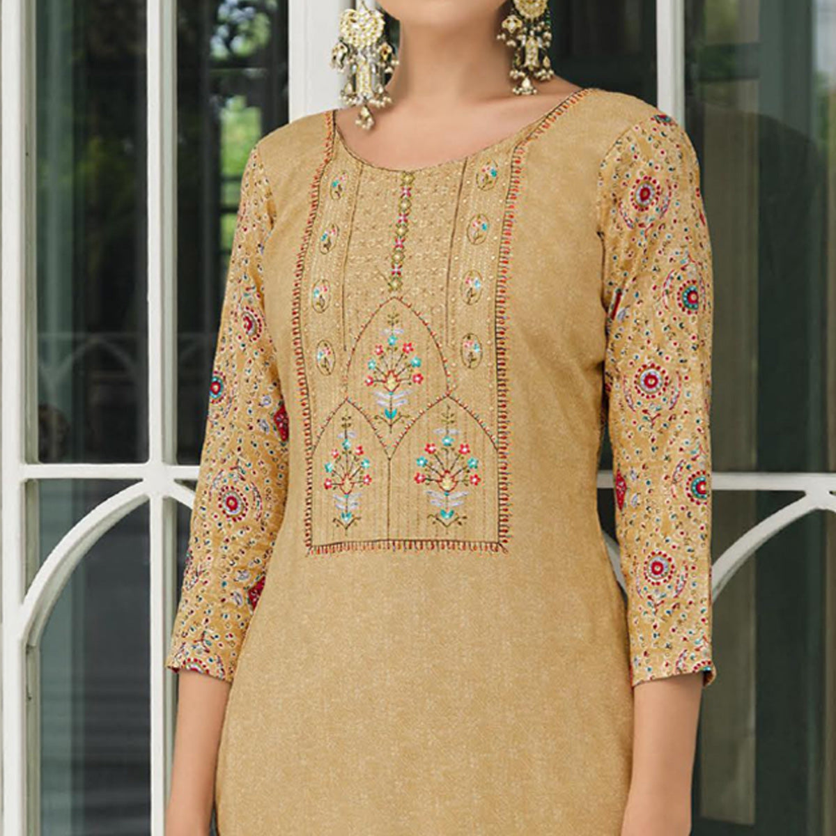 Beige Printed With Embroidered Rayon Suit