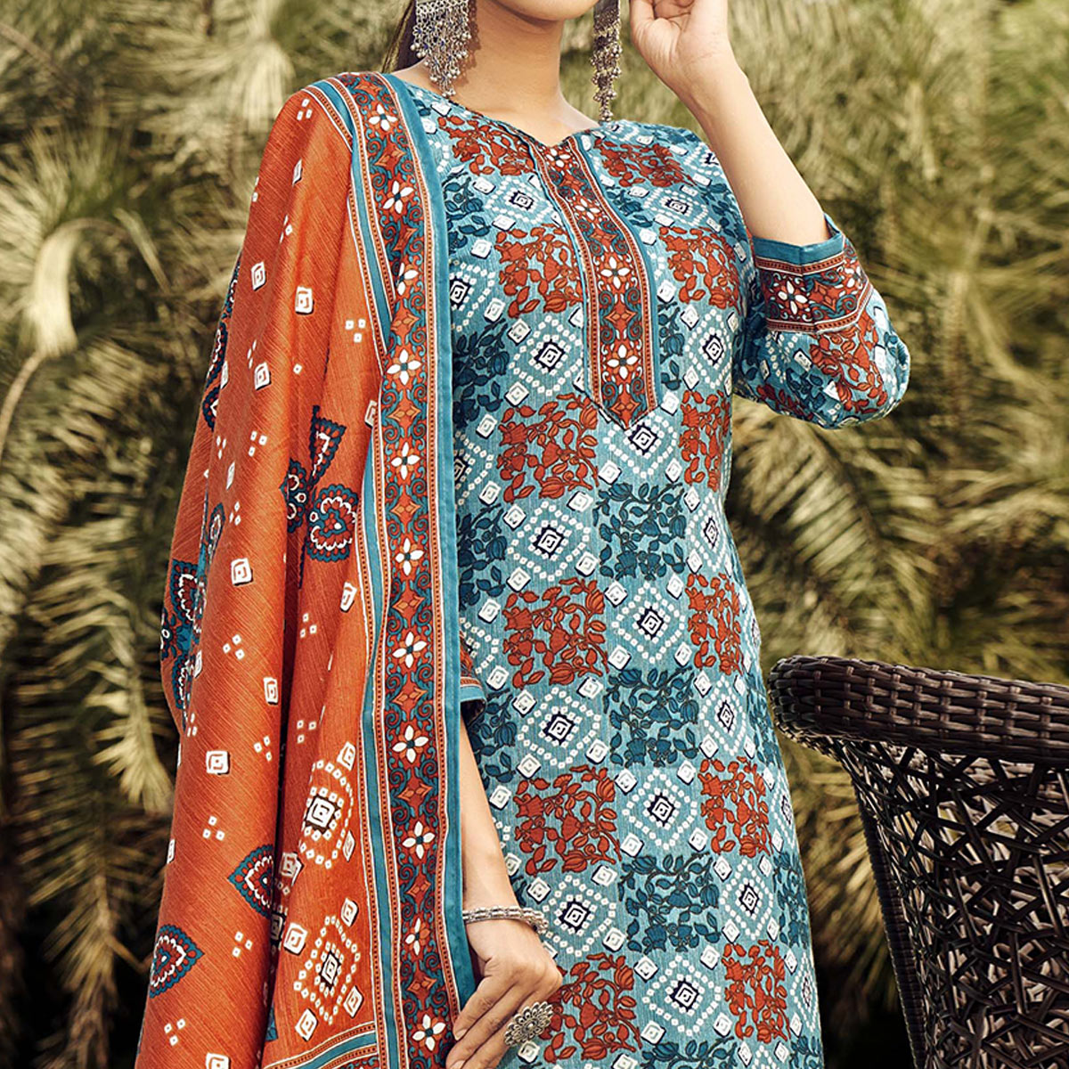 Blue Printed Pashmina Suit