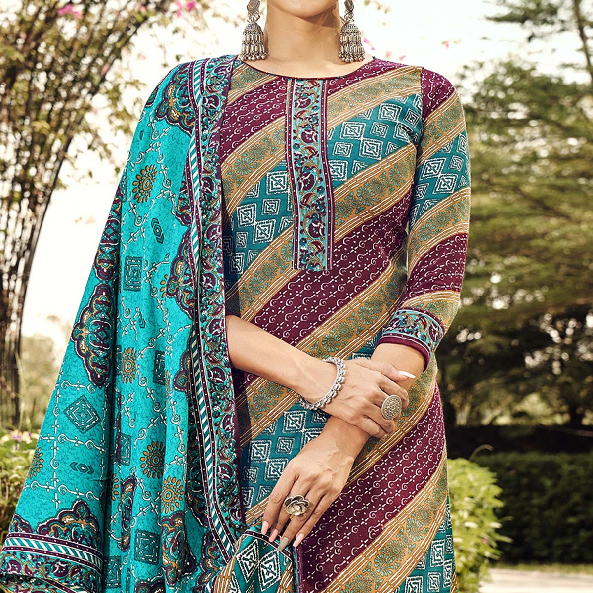 Purple & Rama Blue Printed Pashmina Suit