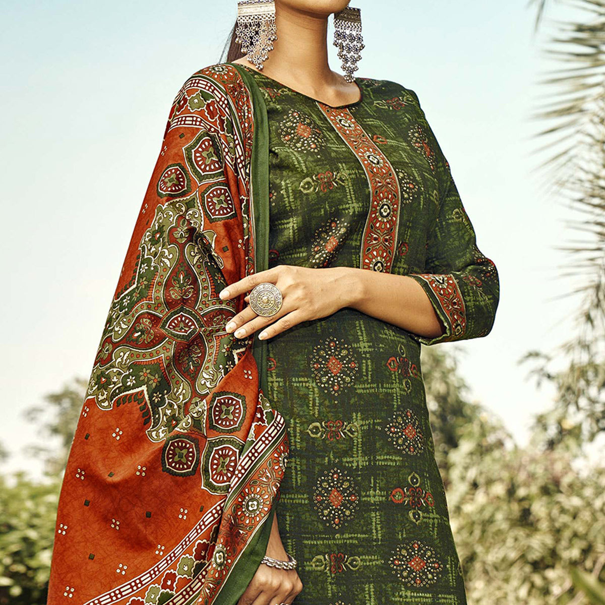 Green Printed Pashmina Suit