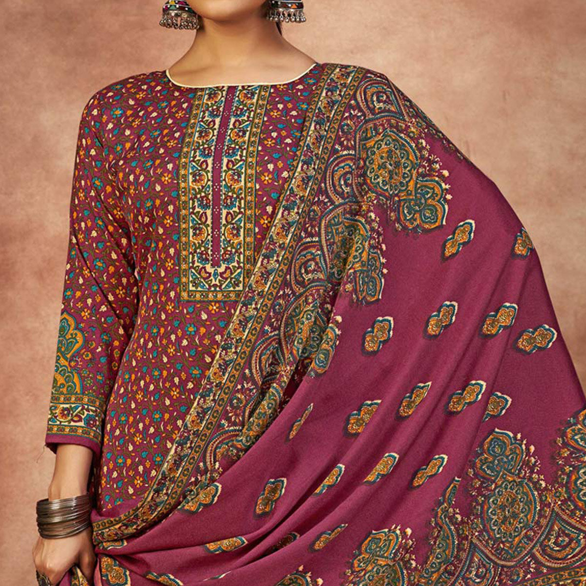 Magenta Floral Printed With Swarovski Work Pashmina Suit