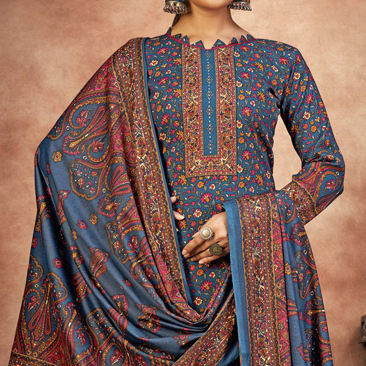 Blue Floral Printed With Swarovski Work Pashmina Suit