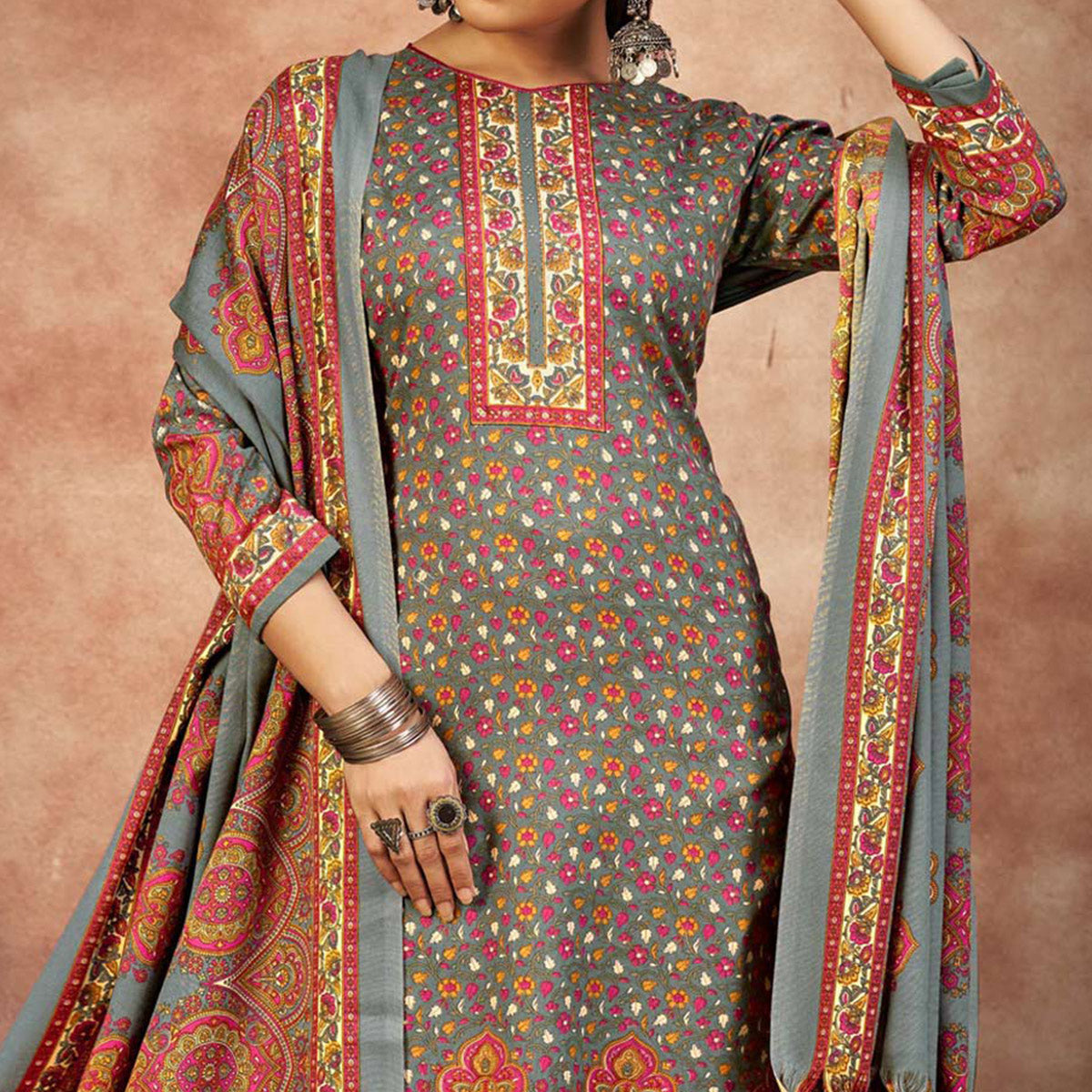 Grey Floral Printed With Swarovski Work Pashmina Suit