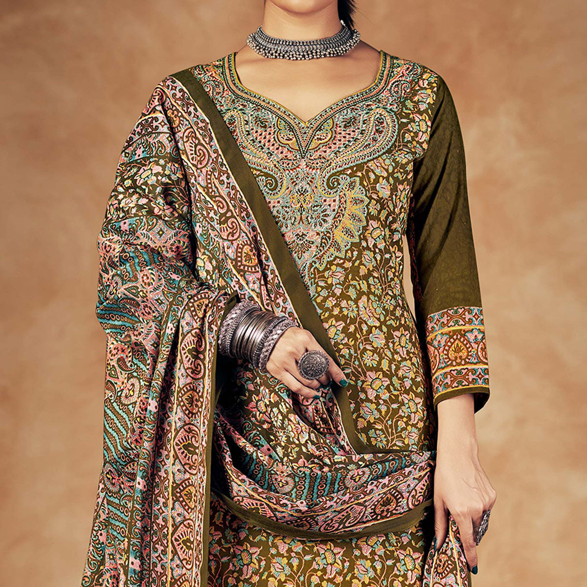 Mehandi Green Floral Printed Pashmina Woolen Suit