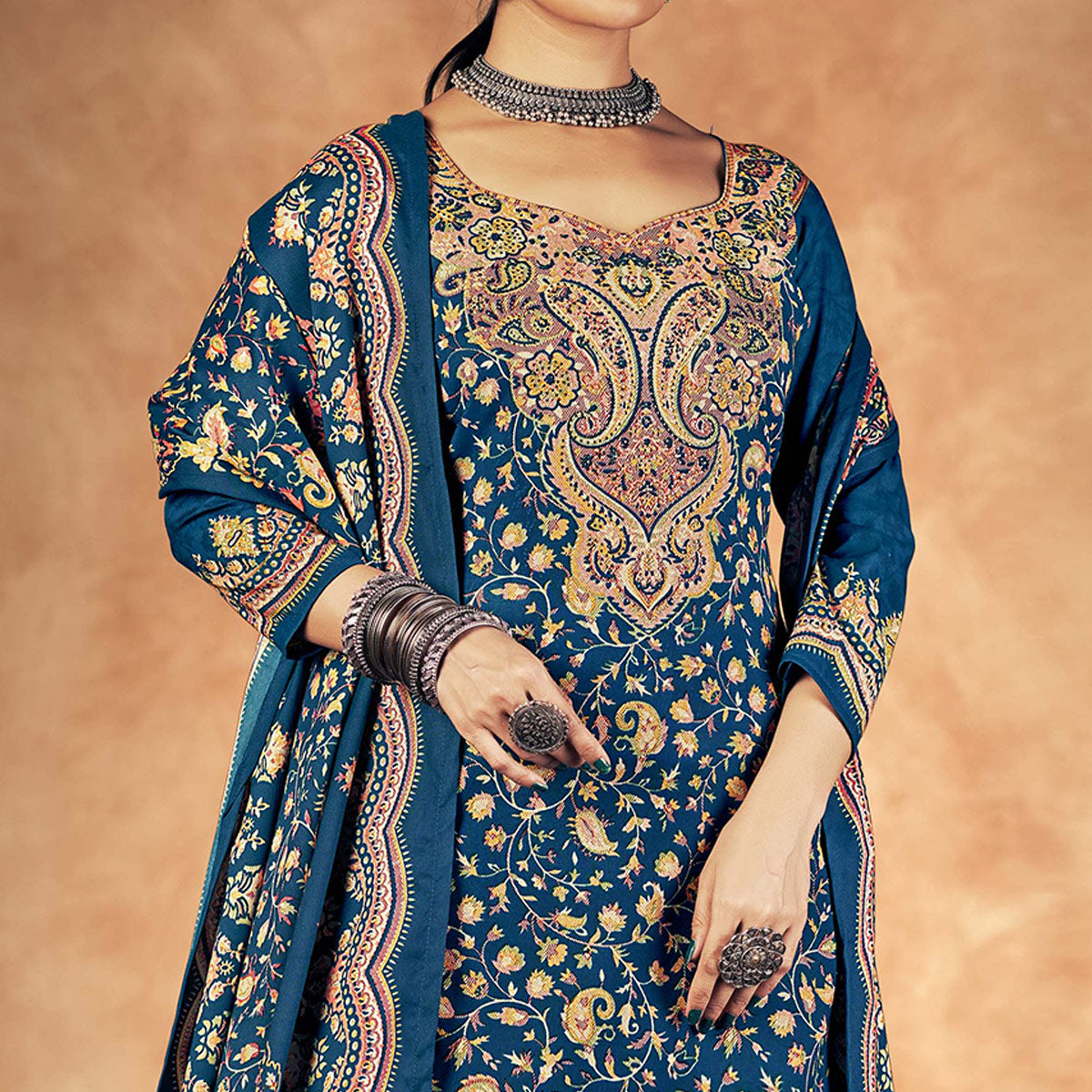 Blue Floral Printed Pashmina Woolen Suit