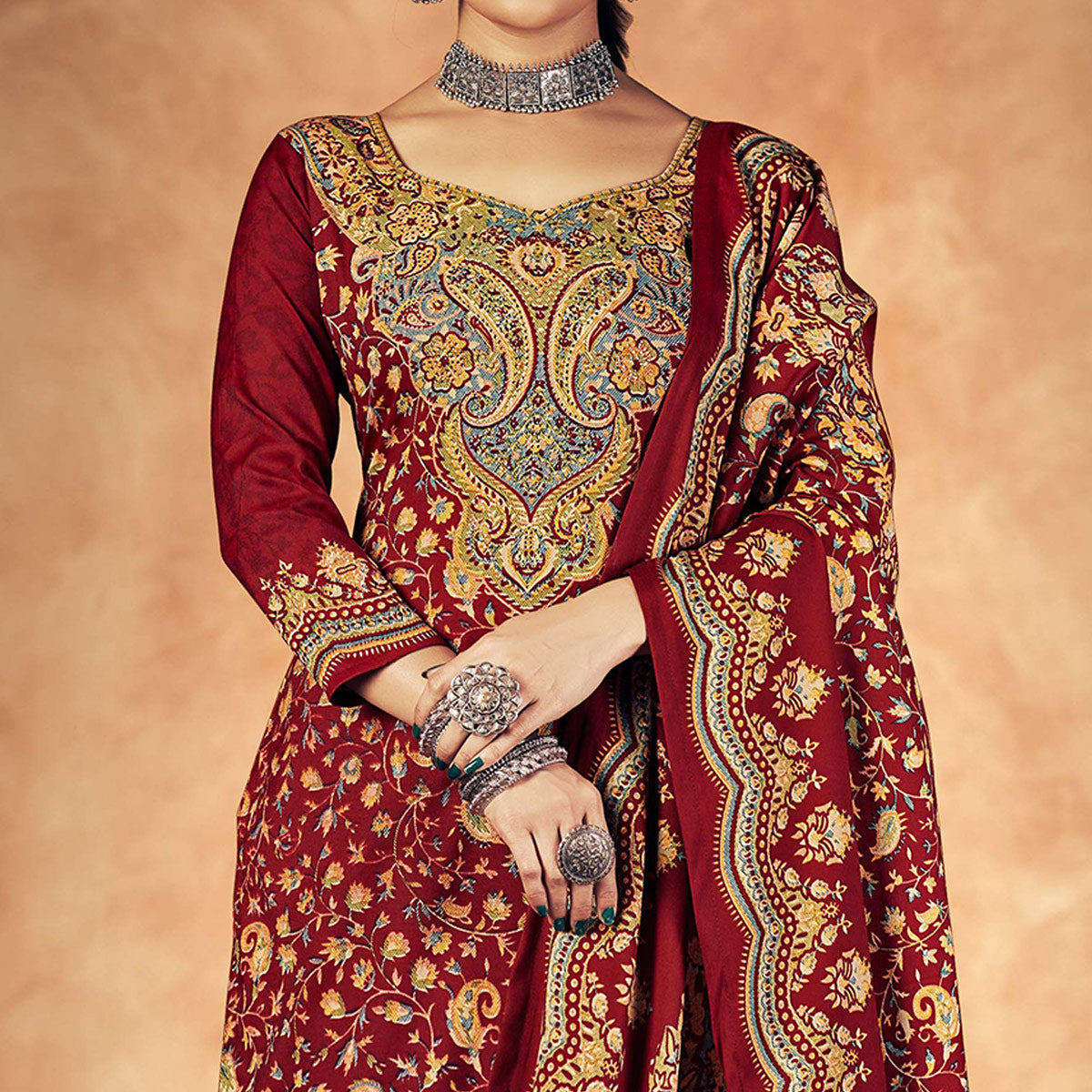 Maroon Floral Printed Pashmina Woolen Suit