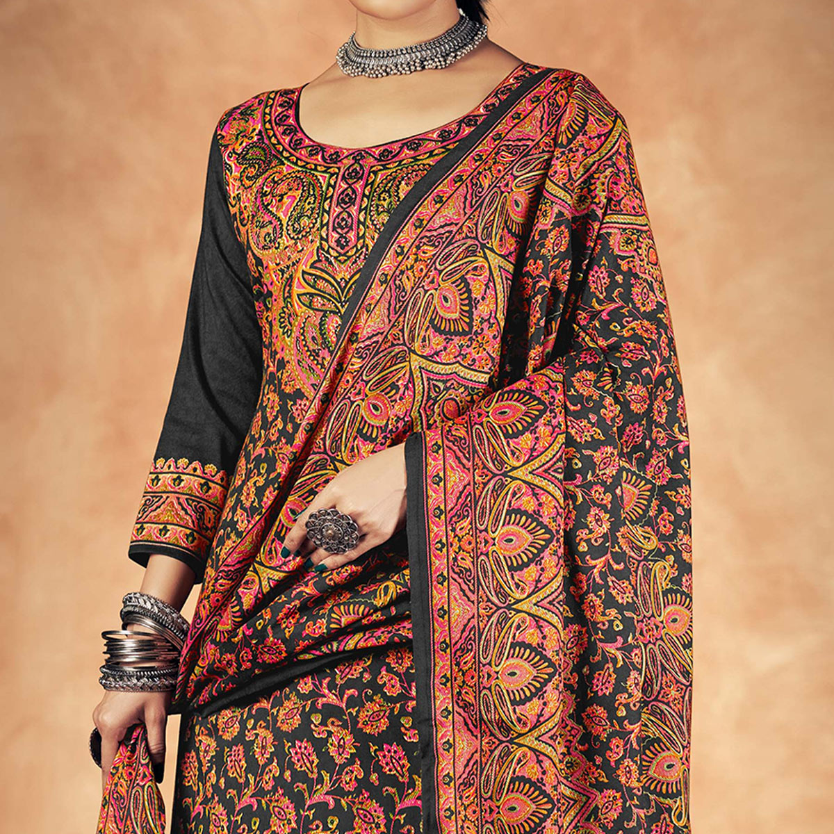 Grey Floral Printed Pashmina Woolen Suit