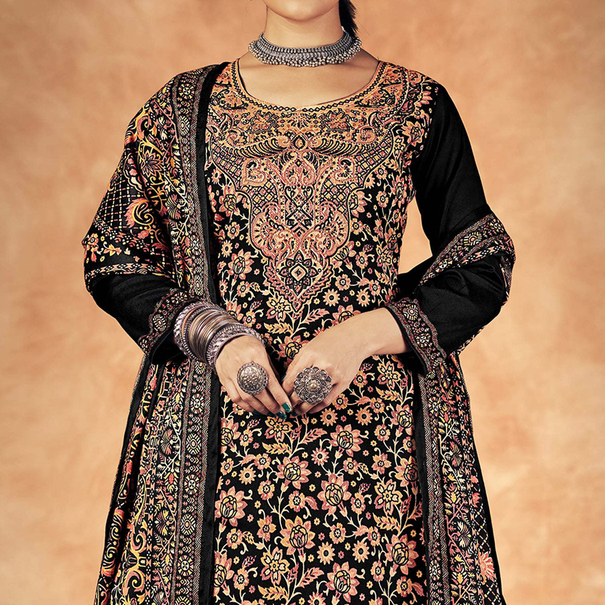 Black Floral Printed Pashmina Woolen Suit
